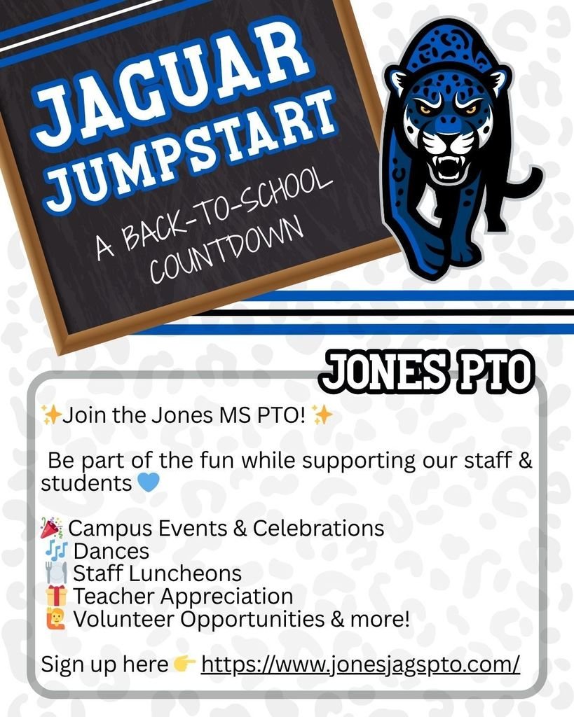Join the Jones MS PTO and support staff and students! 💙 

👉 jonesjagspto.com 

#ProsperProud #GoJags