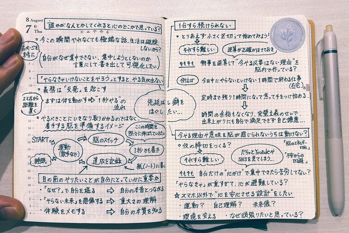 tsumugi_utatabi's tweet photo. 先延ばし癖をなおすために

「とりあえず1分でもいいから手をつける」ができなかった人は

『散歩×記録』をやってみてほしい。やるべきことにいきなり取り掛かるのではなく、“着手する脳を準備する”イメージ。内容をまとめてみました https://t.co/5P71A86xvM