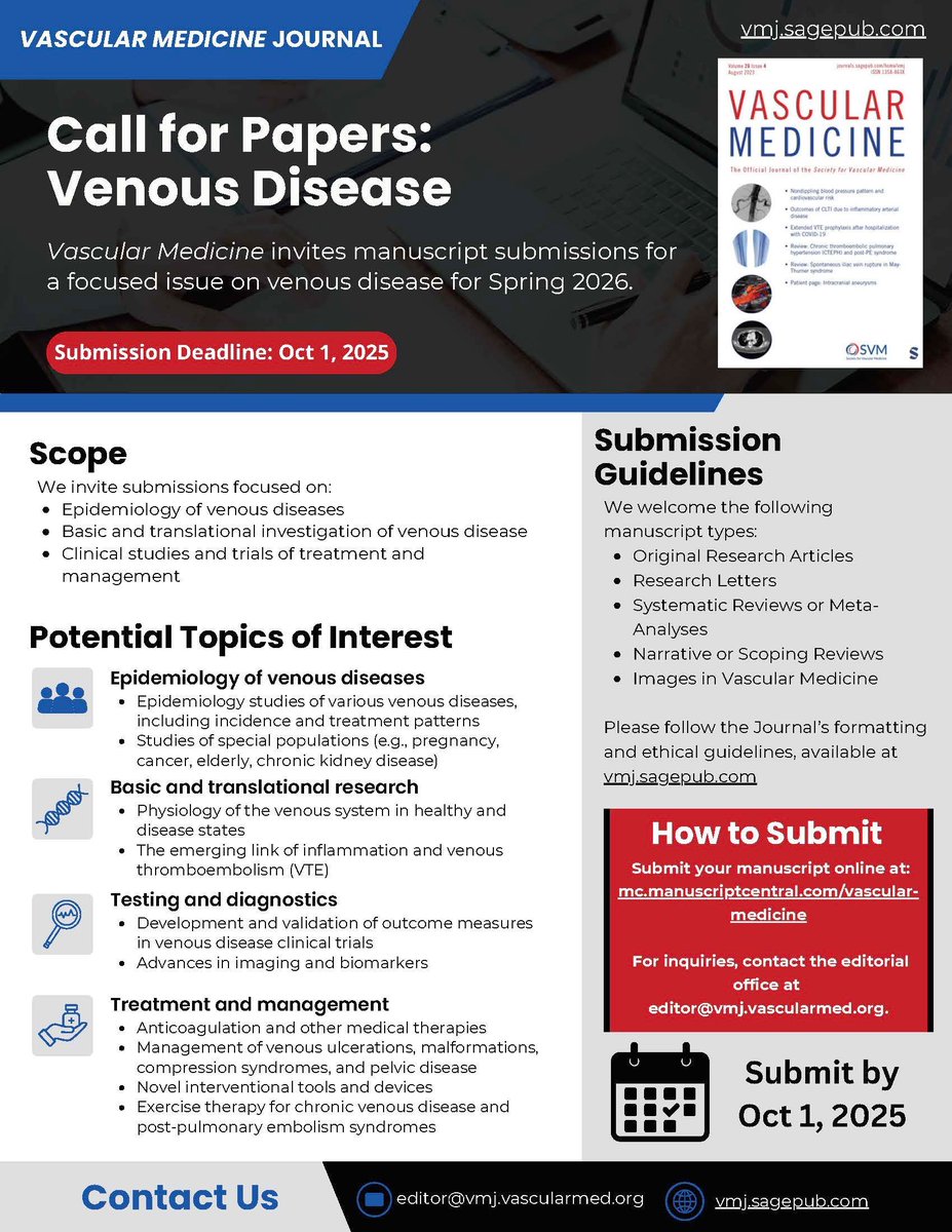 VascularMedicine (@vmj_svm) on Twitter photo #VMJ is seeking manuscripts on #venous disease: epidemiology, imaging, testing, diagnostics for #VTE, #DVT. Deadline: Oct 1
buff.ly/ERzHZaA
<a href="/heatherlgornik/">Heather L Gornik</a> <a href="/adityasharmamd/">Aditya Sharma</a> <a href="/AndreaObiMD/">Andrea Obi MD</a> <a href="/stanhenkin/">Stanislav Henkin</a> <a href="/mary_whipple/">Mary O. Whipple, PhD, RN</a> <a href="/2Scottish/">Scott Cameron 🏴🇺🇸🫀🩺📟🔬🧫🧬🥋</a> <a href="/ASchmaier/">Alec Schmaier</a> <a href="/WenzhuLiMD/">Wenzhu Li</a> <a href="/EricSecemskyMD/">Eric Secemsky MD MSc</a> #VMJ is seeking manuscripts on #venous disease: epidemiology, imaging, testing, diagnostics for #VTE, #DVT. Deadline: Oct 1
buff.ly/ERzHZaA
<a href="/heatherlgornik/">Heather L Gornik</a> <a href="/adityasharmamd/">Aditya Sharma</a> <a href="/AndreaObiMD/">Andrea Obi MD</a> <a href="/stanhenkin/">Stanislav Henkin</a> <a href="/mary_whipple/">Mary O. Whipple, PhD, RN</a> <a href="/2Scottish/">Scott Cameron 🏴🇺🇸🫀🩺📟🔬🧫🧬🥋</a> <a href="/ASchmaier/">Alec Schmaier</a> <a href="/WenzhuLiMD/">Wenzhu Li</a> <a href="/EricSecemskyMD/">Eric Secemsky MD MSc</a>