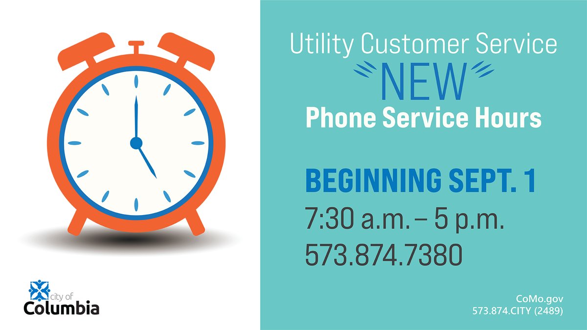📞 Update: Utility Customer Service hours! Starting Sept. 1, call us 7:30 a.m. - 5:00 p.m., Mon-Fri. After 5 p.m., reach emergency services. Questions? Call 573.874.7380!

🔗 ow.ly/5VXH50WzuN4 #ColumbiaMO #CityUtilities #CustomerServiceUpdate