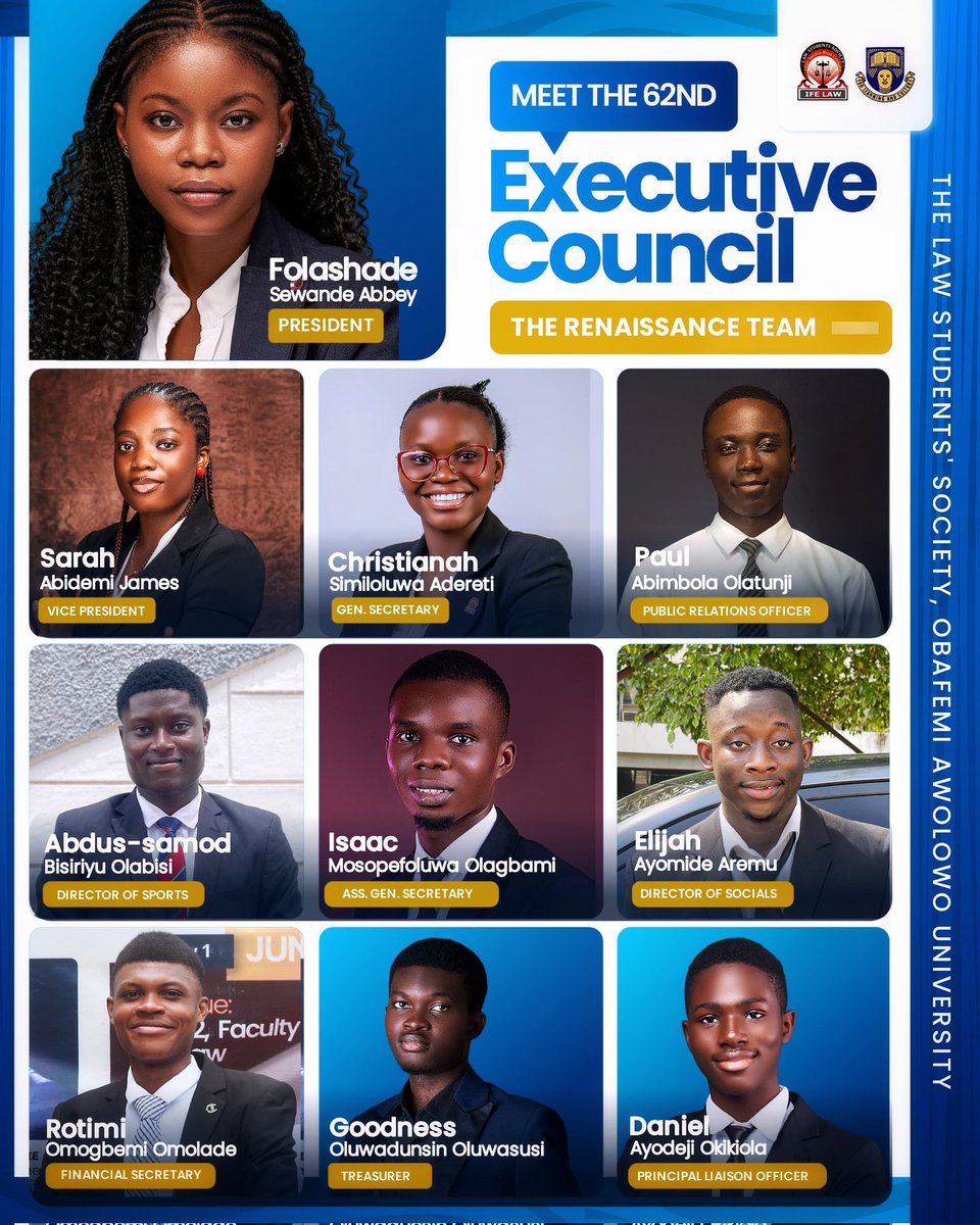 Ifelaw_Official's tweet image. Every new season comes with a promise; a chance to do better, be better, and serve better.

It is with excitement and optimism that we introduce the 62nd Executive Council of the Law Students’ Society, OAU; The Renaissance Team.

Ifelaw, welcome to the Renaissance Era!