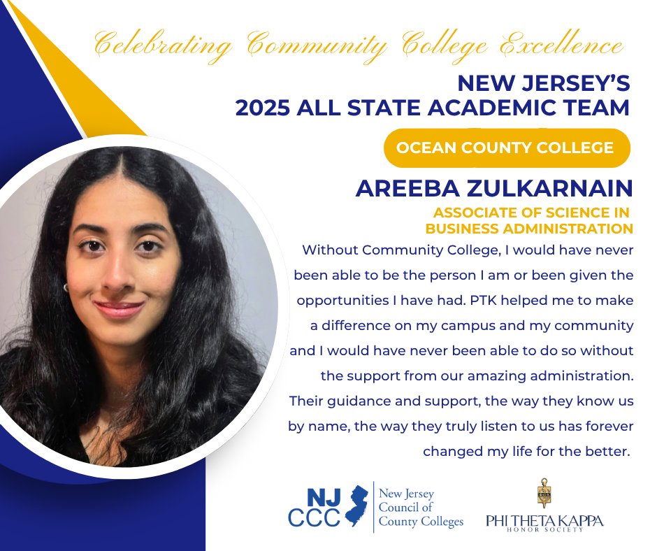 NJ's Community Colleges (@njcommcolleges) on Twitter photo 🎉 Congratulations to @oceanedu student Areeba Zulkarnain on being named to the 2025 New Jersey All-State Academic Team! 
You exemplify the true power of Community Colleges both on and off campus. 
#NJAllStateAcademicTeam #IamPTK @phithetakappa 🎉 Congratulations to @oceanedu student Areeba Zulkarnain on being named to the 2025 New Jersey All-State Academic Team! 
You exemplify the true power of Community Colleges both on and off campus. 
#NJAllStateAcademicTeam #IamPTK @phithetakappa