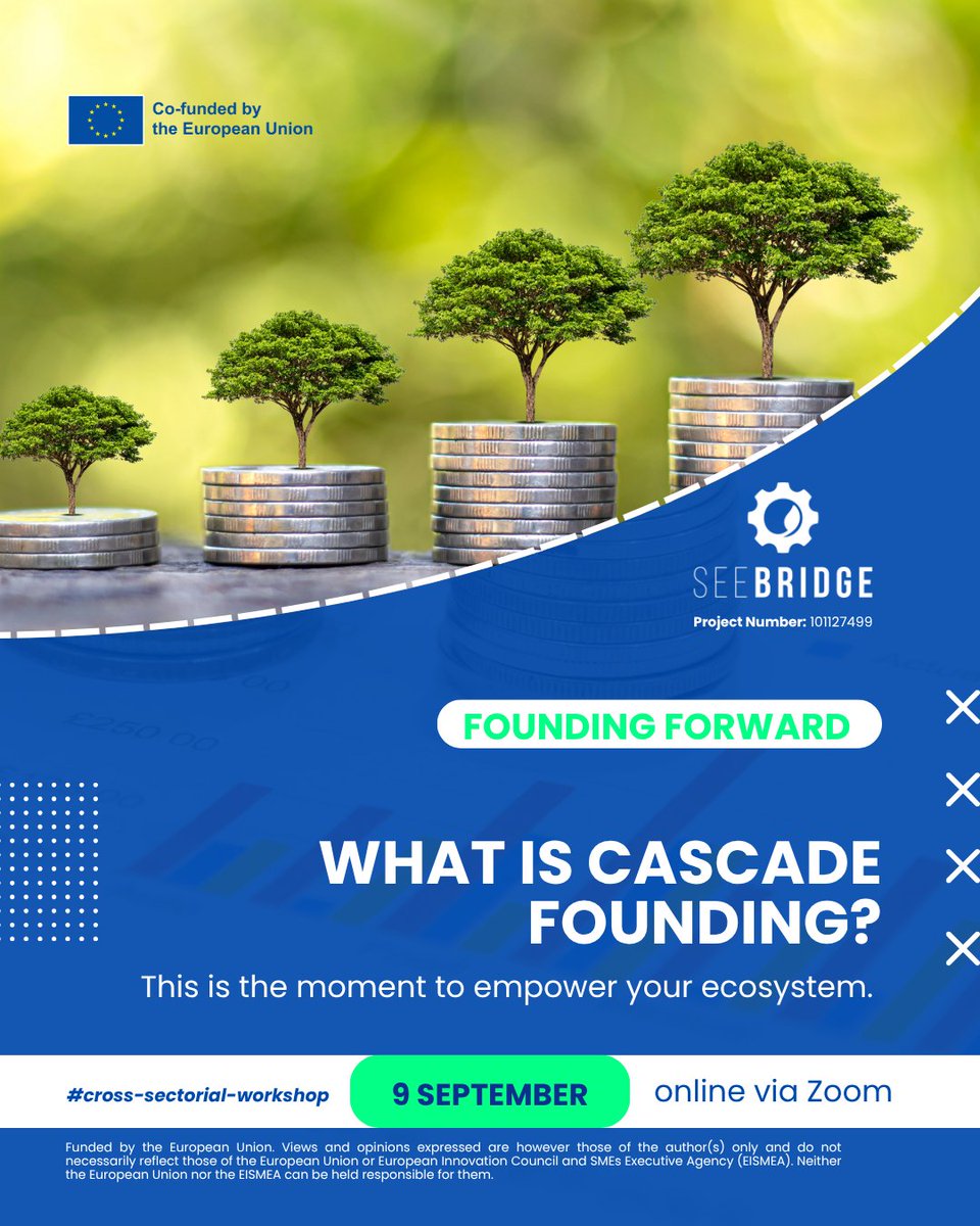 See Bridge (@seebridge_) on Twitter photo π What is Cascade Funding, and why does it matter for SME Enablers?
β
 Direct EU funding
β
 Low-entry barrier for SMEs
β
 Fast-track to innovation support
β
 Available through platforms like ECCP
This is the moment to empower your ecosystem. Join Us! #SeeBridgeProject π What is Cascade Funding, and why does it matter for SME Enablers?
β
 Direct EU funding
β
 Low-entry barrier for SMEs
β
 Fast-track to innovation support
β
 Available through platforms like ECCP
This is the moment to empower your ecosystem. Join Us! #SeeBridgeProject
