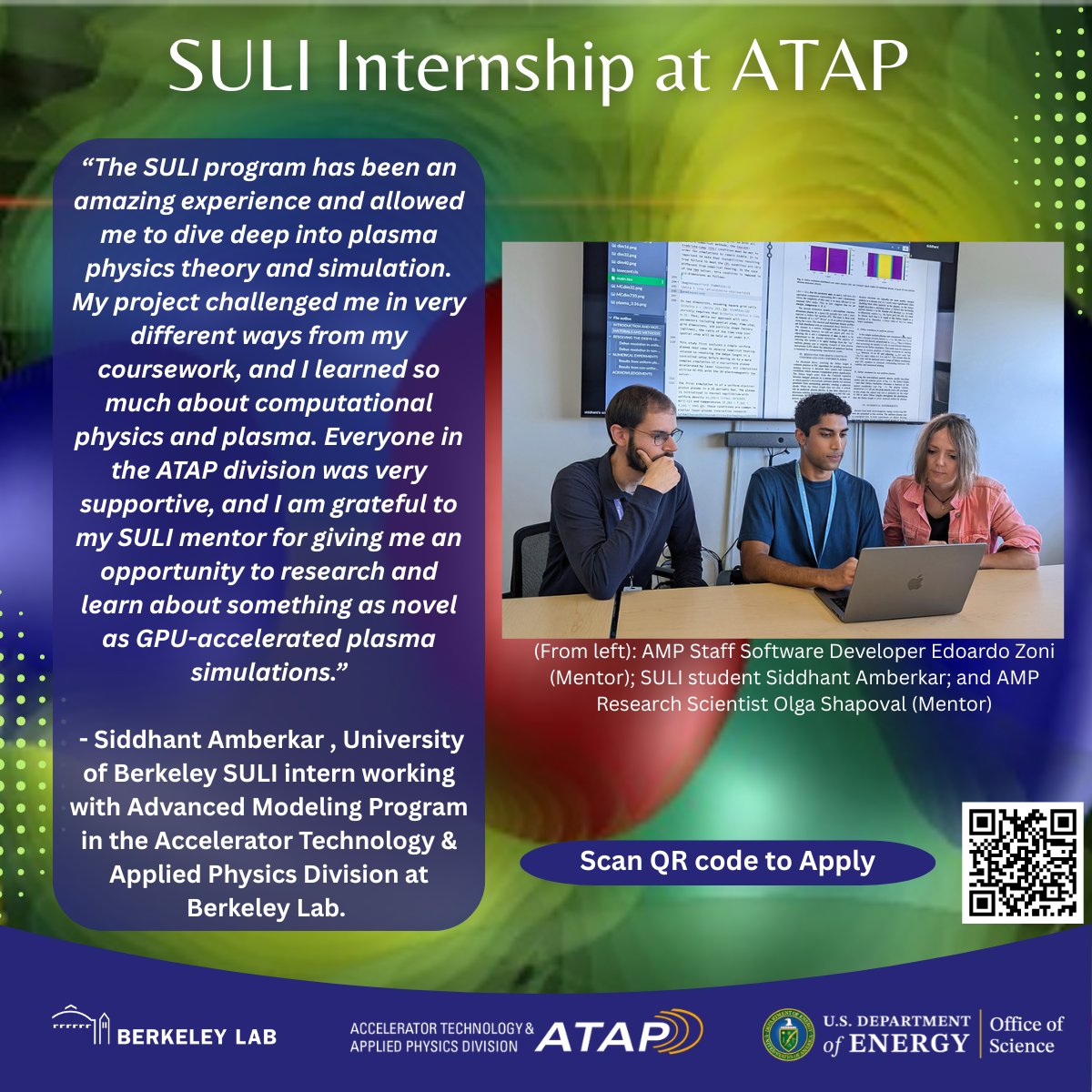 LBNLatap's tweet image. Read about the experiences of our @DOEscience SULI interns as they work with our internationally renowned scientists on cutting-edge #ParticleAccelerator research. Deadline to apply for the Spring 2026 cycle is October 1.
@BerkeleyLab @ENERGY @LaserNetUS
atap.lbl.gov/news/suli-inte…