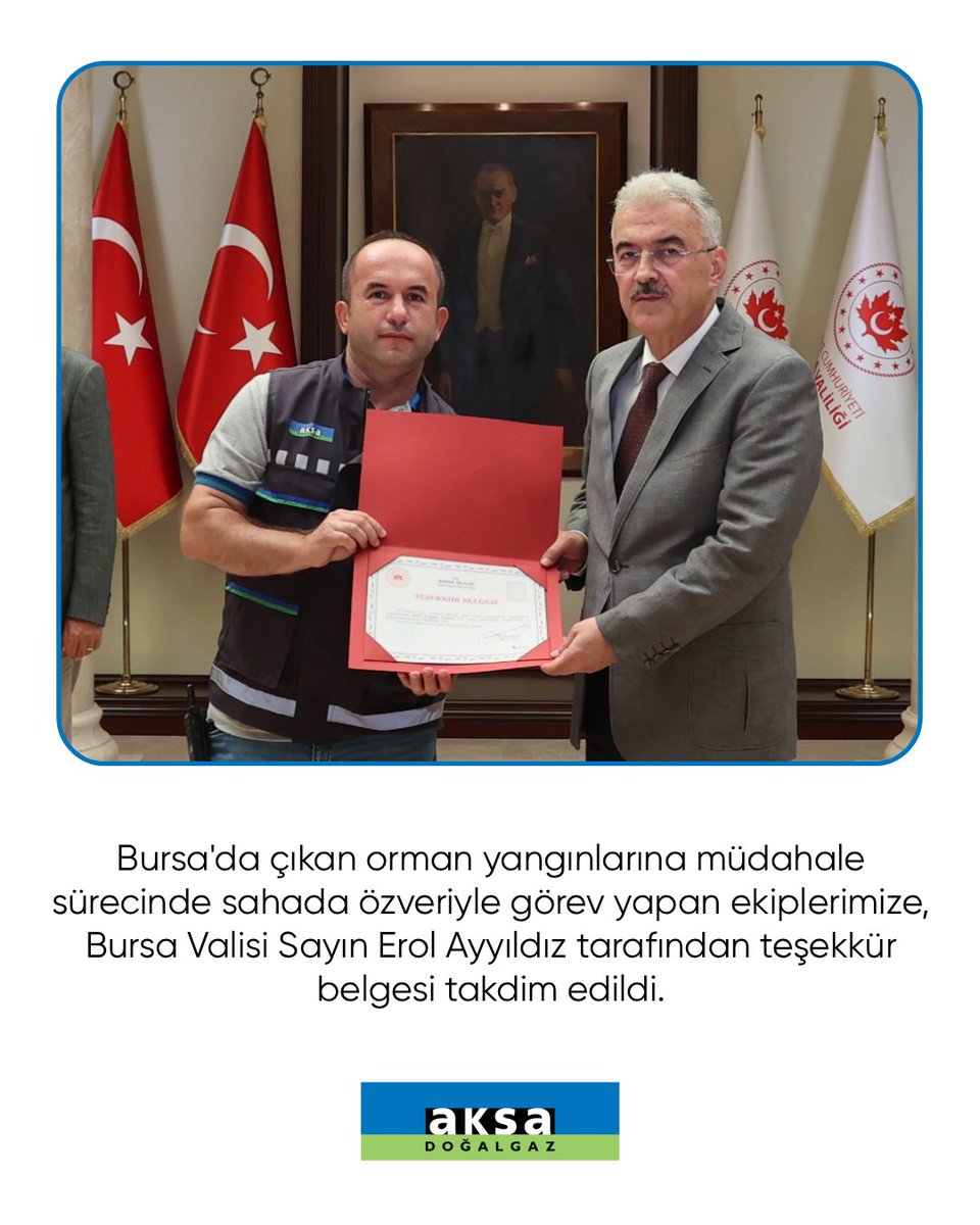 Bursa’da çıkan orman yangınlarına müdahale sürecinde sahada görev yapan ekiplerimize, Bursa Valisi Sayın Erol Ayyıldız tarafından teşekkür belgesi takdim edildi.