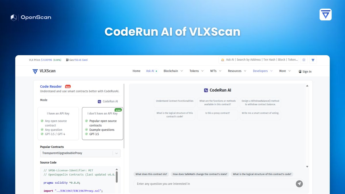 🔍 Explore the smart contracts with CodeAI - VLXScan powered by  @OpenScan_Ai! Analyze, understand and even generate Solidity code using  AI—faster & smarter. Start now 👉 https://t.co/HFi2gKwHUJ #Web3 #AI  #SmartContracts #VLXScan #OpenScanAI