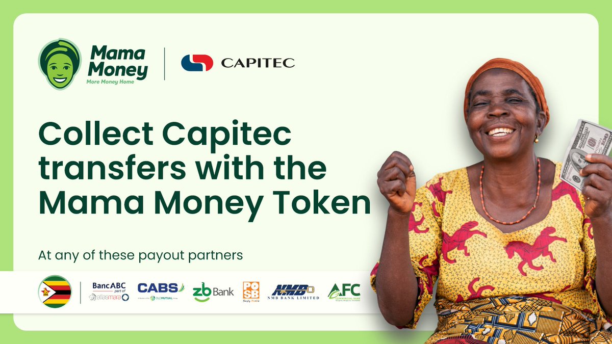 MamaMoneySA's tweet image. 💸 Got family sending you money from SA through Capitec?

You can now collect your Mama Money token payout at any of our trusted partners in Zimbabwe — including:
🏦 BancABC | CABS | ZB Bank | POSB | NMB | AFC

Quick. Safe. Reliable.

#Crossborder #Capitec #SendMoneyHome