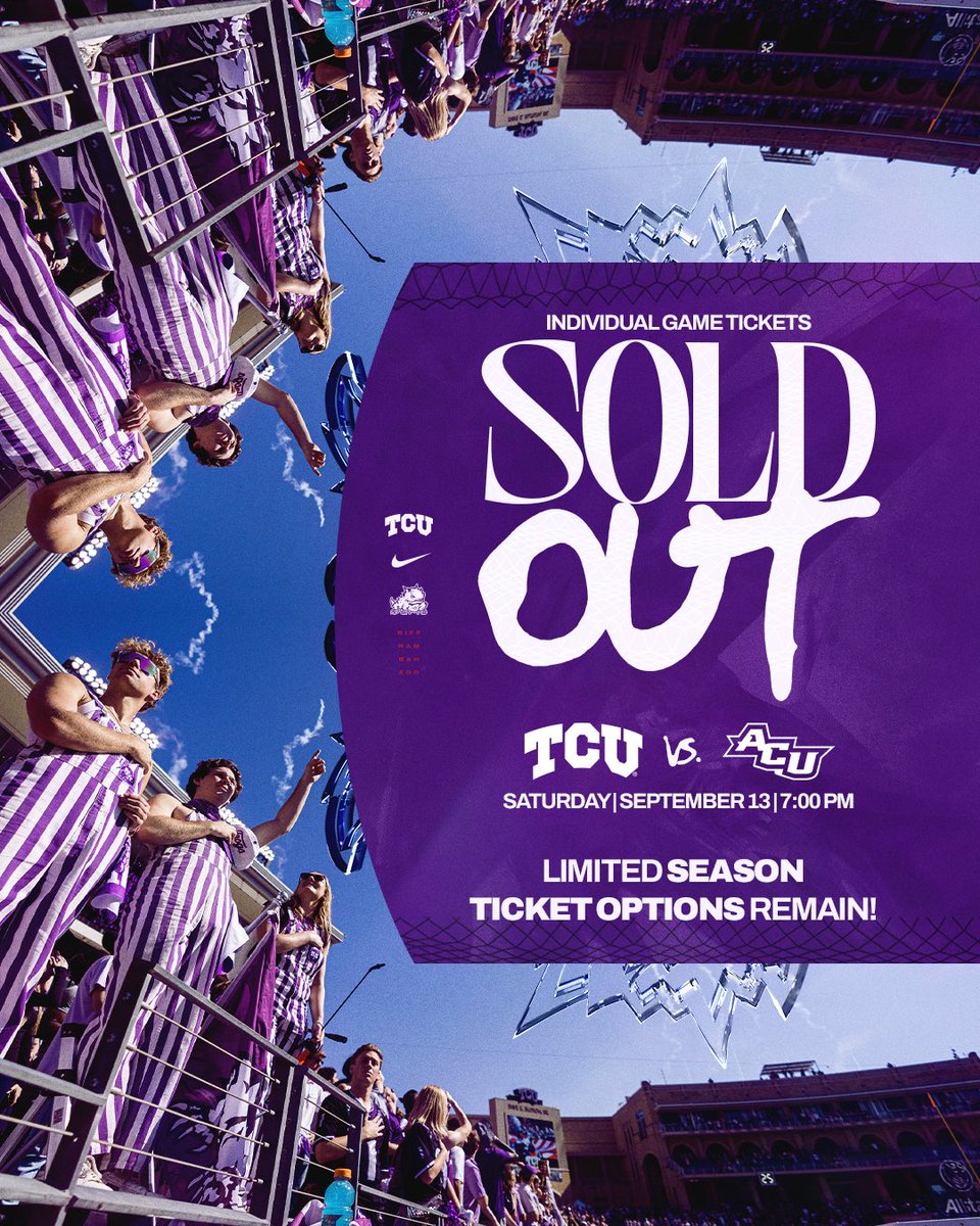 TCUFootball's tweet photo. Single game tickets for the home opener are 𝗦𝗢𝗟𝗗 𝗢𝗨𝗧! #GoFrogs 🐸 #AllHail https://t.co/307DZz9ZFp