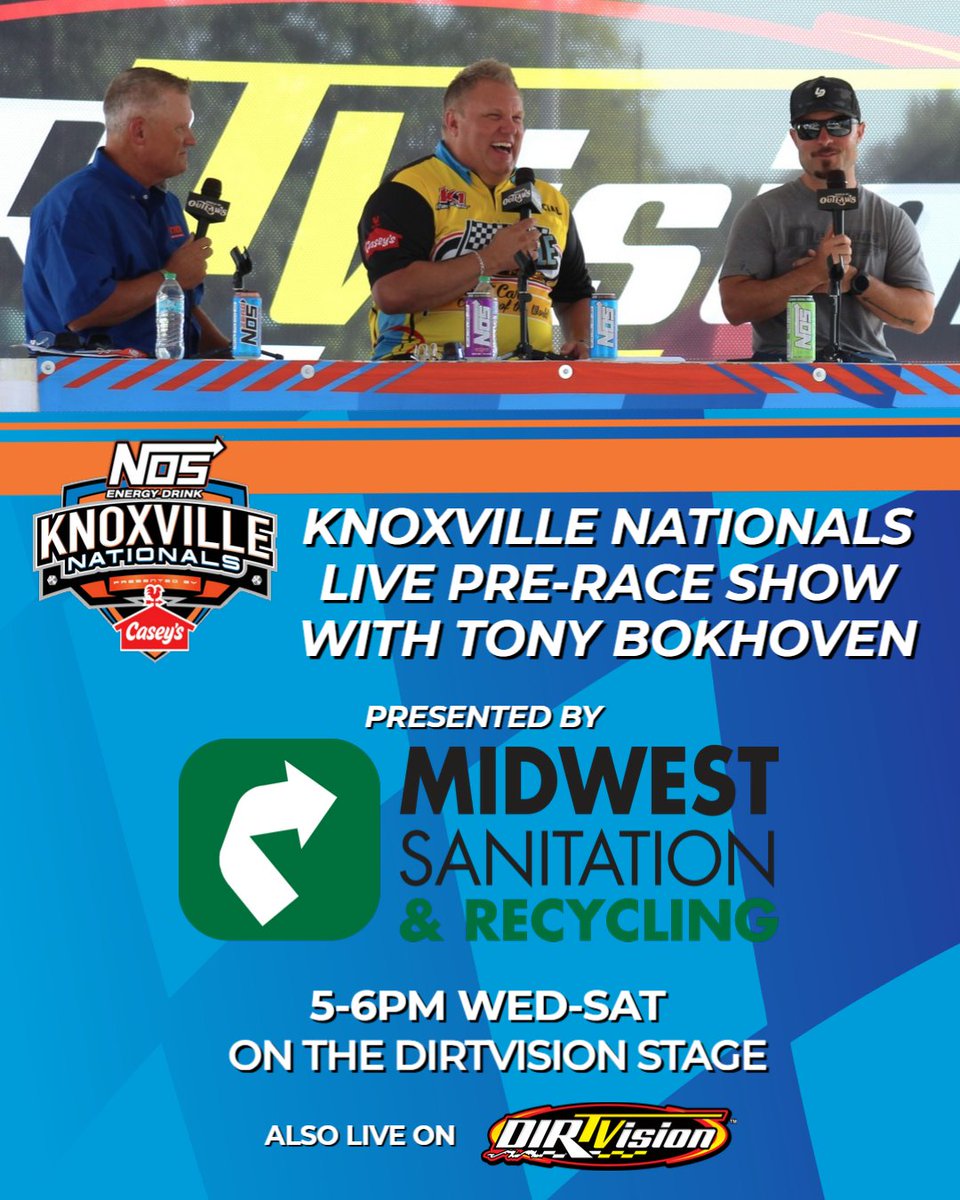 🎤Live Pre-Race Show with Tony Bokhoven, presented by Midwest Sanitation on the DIRTVision Stage from 5-6pm! 

Guests for today include:
@Haudenschild_17 
<a href="/Rico_Abreu/">RICO</a> 
<a href="/GioScelzi/">Gio Scelzi</a> 
<a href="/bmracing19/">Brent Marks</a> 

If you can't be here, you can also watch it live on <a href="/dirtvision/">DIRTVision</a>! 

#NOSvilleNationals