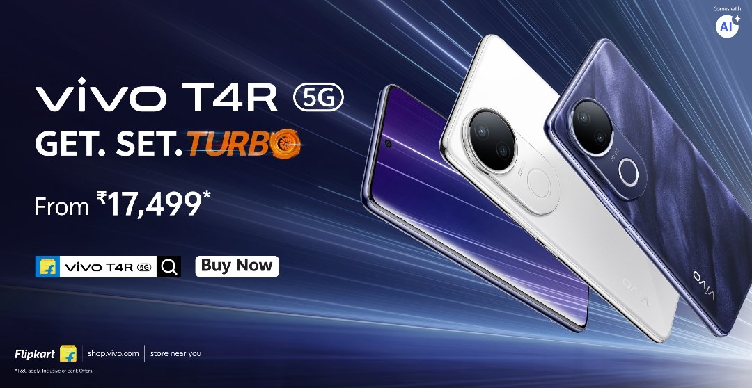 TechShuffle01's tweet photo. 🚀 GET. SET. TURBO.
Unleash next-level speed with the all-new vivo T4R 5G – now starting at just ₹17,499*!
AI-powered performance, sleek design &amp; turbo power in your hands! ⚡📱
Buy now on Flipkart &amp; https://t.co/CDNxoI5gUF
#vivoT4R5G #TurboPower #5GSmartphone https://t.co/2wuk13RyiV
