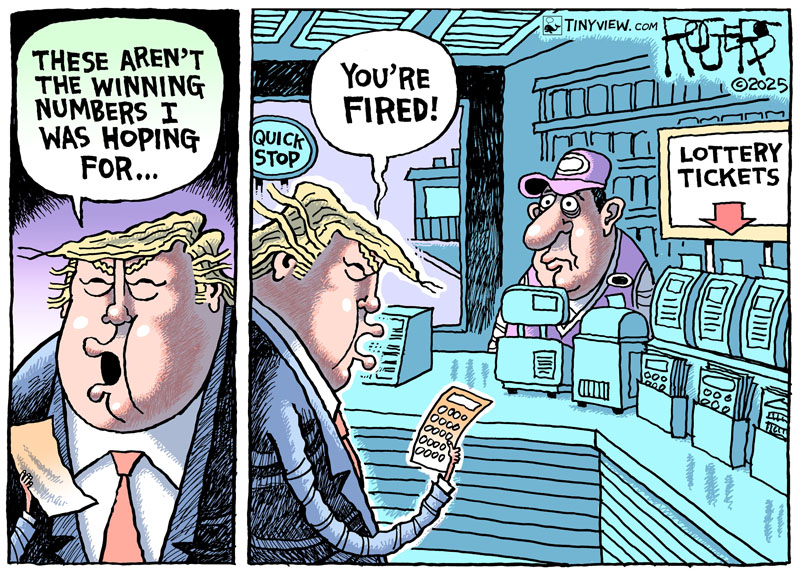 Rob Rogers (@rob_rogers) on Twitter photo Trump fired Bureau of Labor Statistics Commissioner Erika McEntarfer for reporting honest job numbers. Replacing her throws into question all data coming from the government. Very dangerous. #Trump #bureauoflaborstatistics #BLS #lies #lottery <a href="/TinyviewComics/">Tinyview Comics</a> Trump fired Bureau of Labor Statistics Commissioner Erika McEntarfer for reporting honest job numbers. Replacing her throws into question all data coming from the government. Very dangerous. #Trump #bureauoflaborstatistics #BLS #lies #lottery <a href="/TinyviewComics/">Tinyview Comics</a>