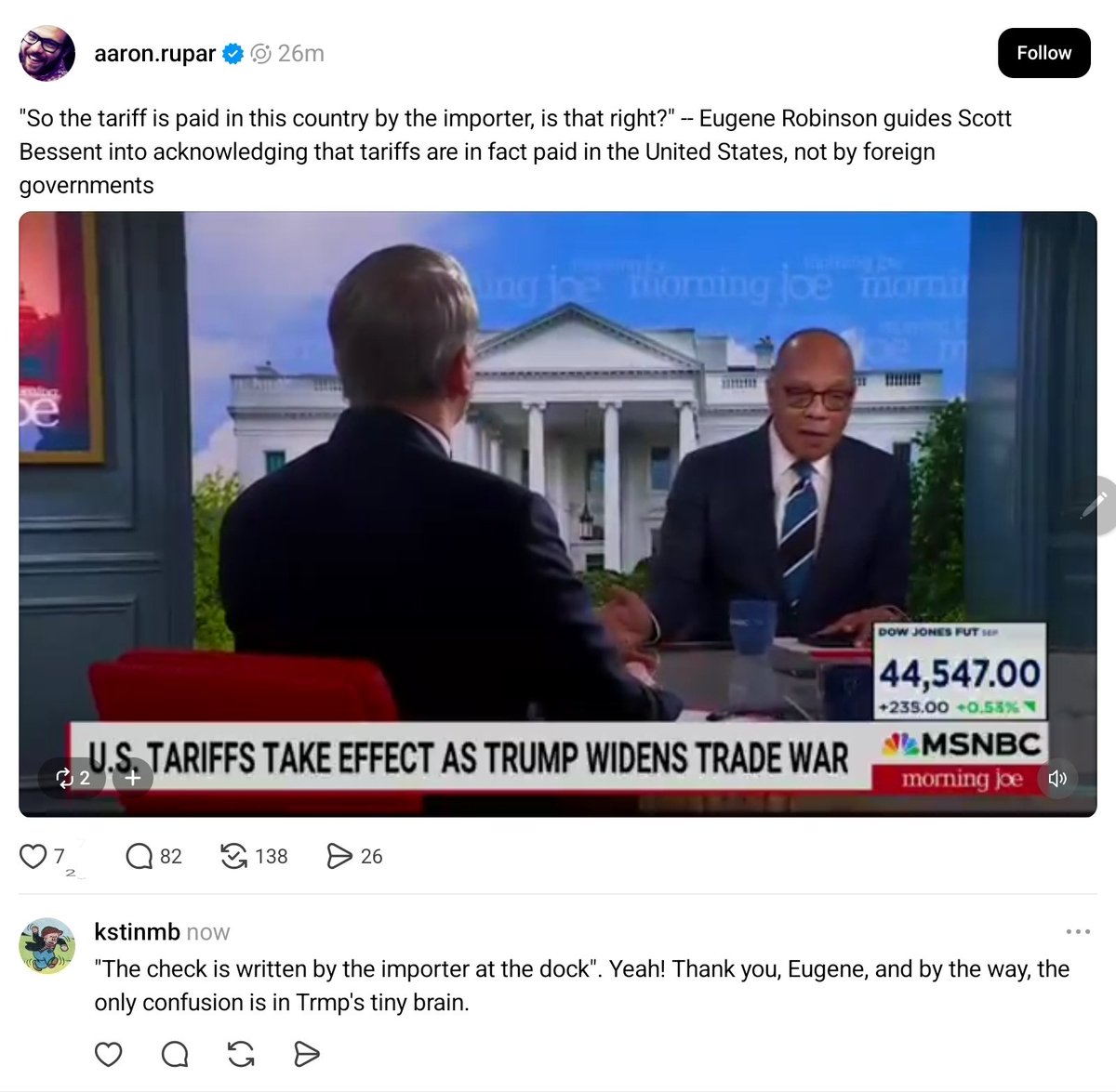 Bessent is such a miserable liar. "The check is written by the importer at the dock". Yeah! Thank you, Eugene, and by the way, the only confusion is in Trmp's tiny brain.

On Threads: threads.com/@aaron.rupar/p…
