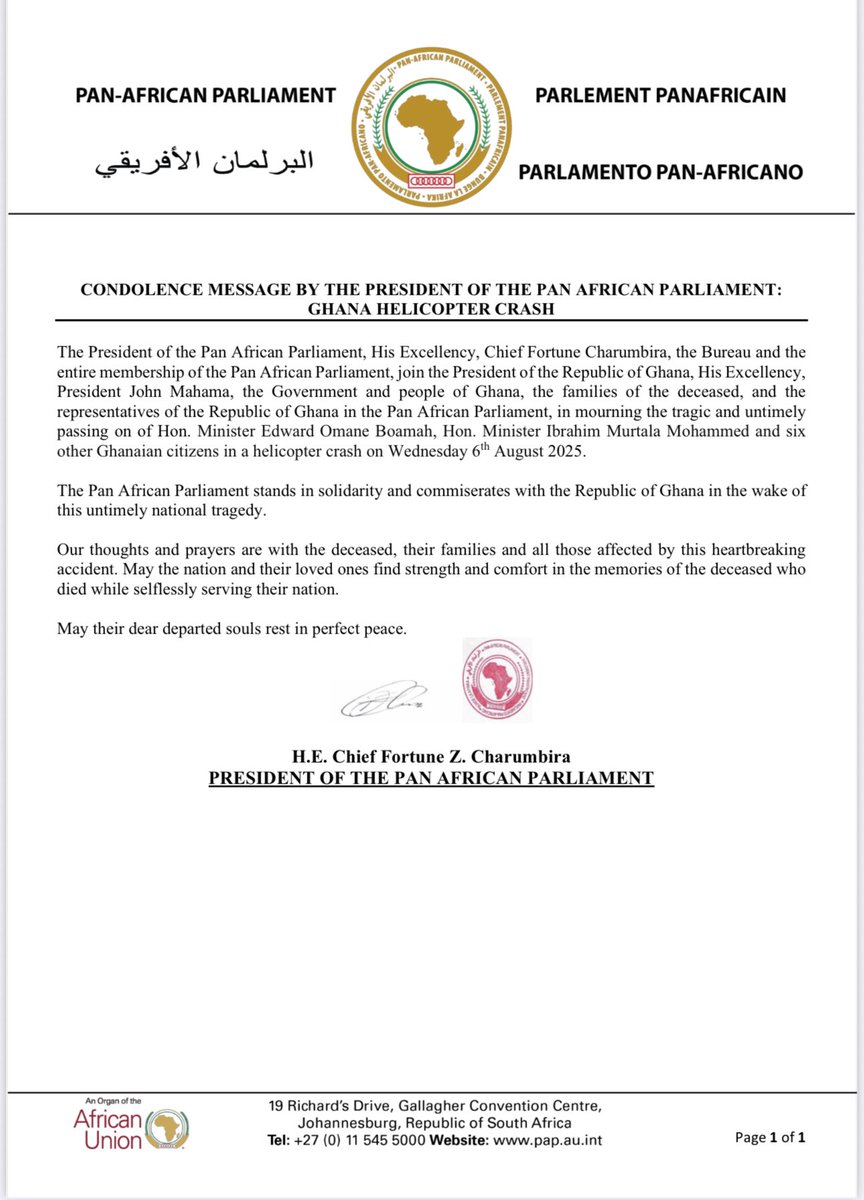 Condolence Message by the the President the Pan-African Parliament  (PAP) following the helicopter crash in Ghana