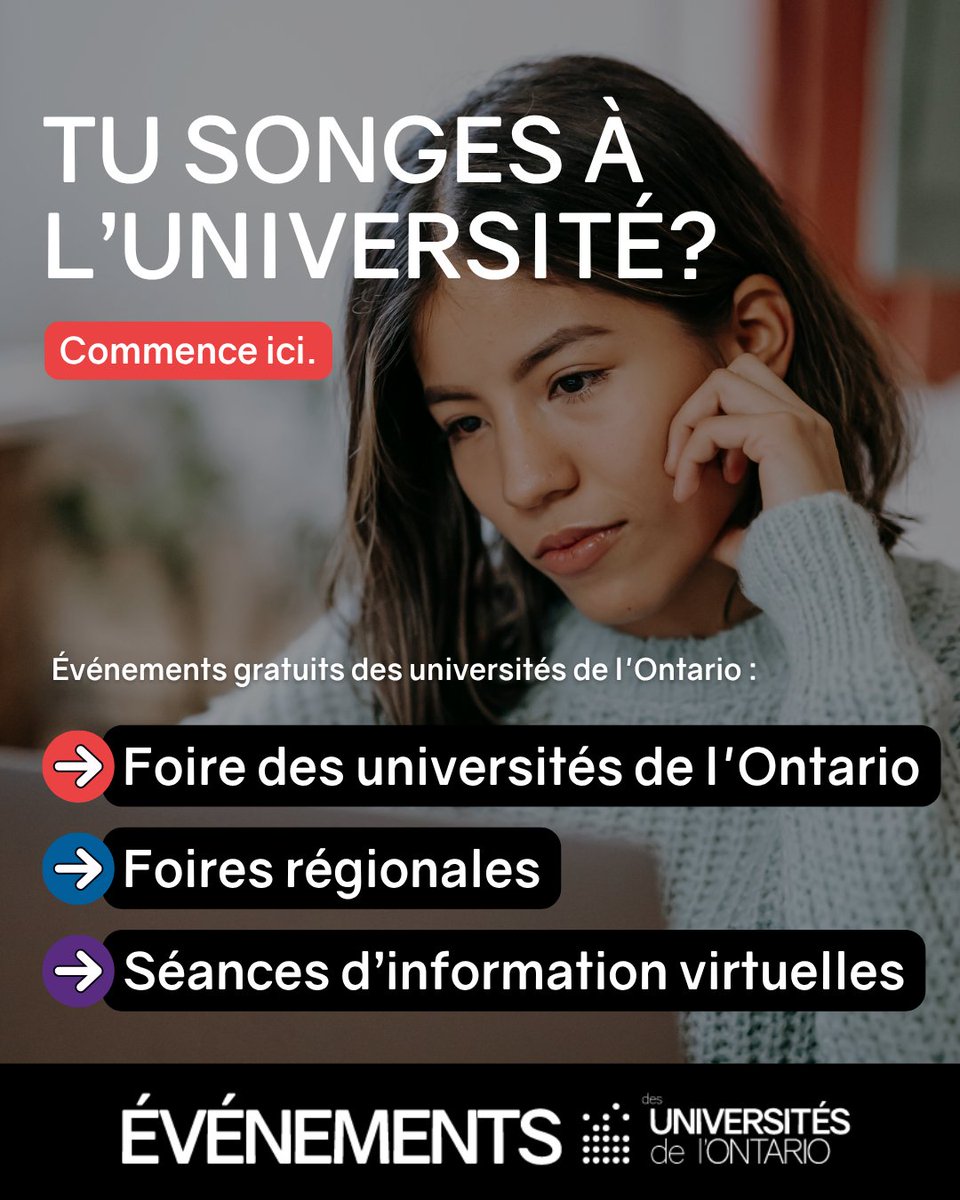 Songez-vous à faire demande à l’université?

Prenez connaissance des événements ayant lieu cet automne :
 • FUO : 27-28 sep.
 • Foires régionales : dates en sep. et oct.
 • Séances d’information virtuelles : 16 sep. et 10 nov.
ouevents.ca/fr