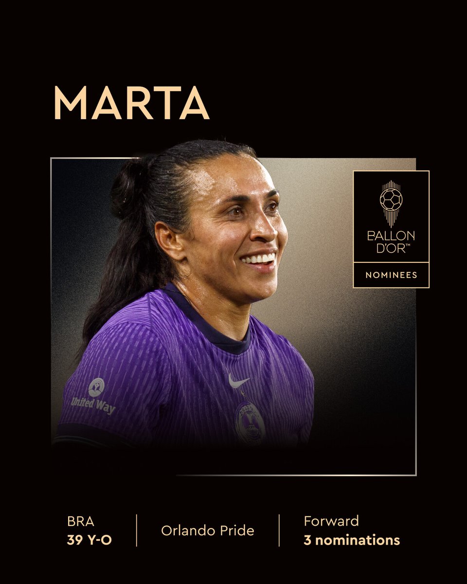 Ballon d'Or (@ballondor) on Twitter photo Nominated for the 2025 Women’s Ballon d’Or ⤵️
Marta
<a href="/ORLPride/">Orlando Pride</a>
<a href="/SelecaoFeminina/">Seleção Feminina de Futebol</a>
#ballondor Nominated for the 2025 Women’s Ballon d’Or ⤵️
Marta
<a href="/ORLPride/">Orlando Pride</a>
<a href="/SelecaoFeminina/">Seleção Feminina de Futebol</a>
#ballondor