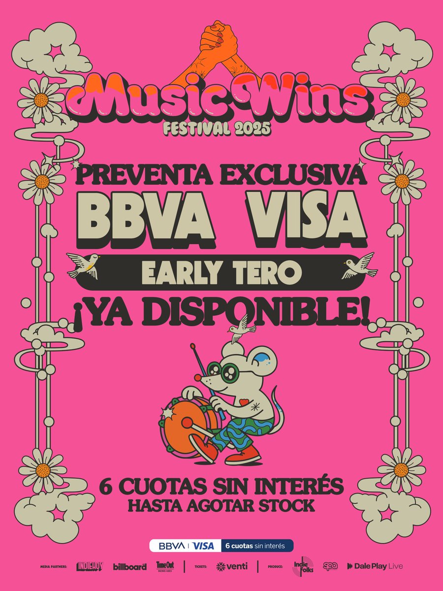 Indie Folks (@indiefolks) on Twitter photo 🌼 ¡PREVENTA EXCLUSIVA BBVA VISA YA DISPONIBLE!
Conseguí tu #Earlytero antes que nadie y con 6 CUOTAS SIN INTERÉS
<a href="/MusicWinsFest/">Music Wins Festival</a>
🗓️ 2 de noviembre – Mandarine Park
🔗venti.com.ar/evento/m2w0f25
La venta general arranca el viernes 8/8 a las 10 AM. 🌼 ¡PREVENTA EXCLUSIVA BBVA VISA YA DISPONIBLE!
Conseguí tu #Earlytero antes que nadie y con 6 CUOTAS SIN INTERÉS
<a href="/MusicWinsFest/">Music Wins Festival</a>
🗓️ 2 de noviembre – Mandarine Park
🔗venti.com.ar/evento/m2w0f25
La venta general arranca el viernes 8/8 a las 10 AM.