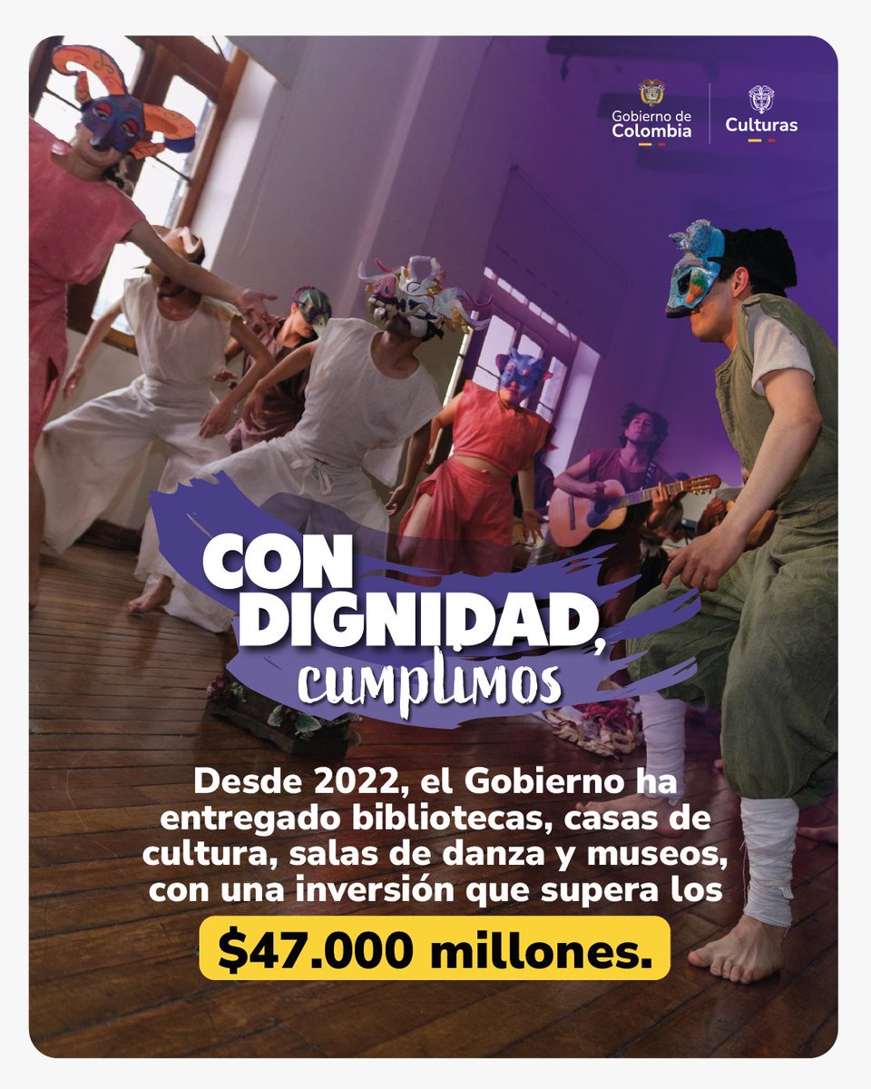 #ConDignidadCumplimos A la fecha, se han entregado 10 bibliotecas, 12 casas de cultura, 2 escuelas de música y 30 salas de danza. 

💃🎵 #PetroMeCumplió