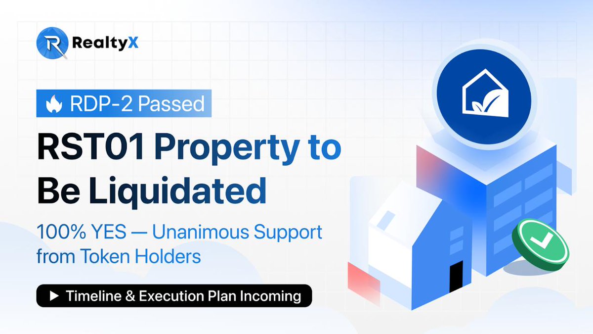 RealtyX DAO ๐ RWA (@realtyx_dao) on Twitter photo RDP-2 has passed with unanimous support. ๐ฅ
RST0001 is entering its final chapter, and liquidation is confirmed, unlocking both rental yield and capital gains for holders.
The first full-cycle exit on RealtyX.
Timeline & execution plan next.
Stay close. RDP-2 has passed with unanimous support. ๐ฅ
RST0001 is entering its final chapter, and liquidation is confirmed, unlocking both rental yield and capital gains for holders.
The first full-cycle exit on RealtyX.
Timeline & execution plan next.
Stay close.