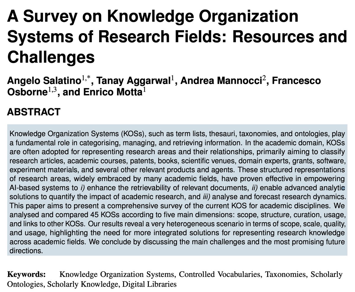 All scientific publications are classified according to about 45 taxonomies, ontologies, and organisation systems. Our new survey in Quantitative Science Studies maps this landscape and its potential for AI-driven knowledge integration.
Paper: direct.mit.edu/qss/article/do…
#OpenScience