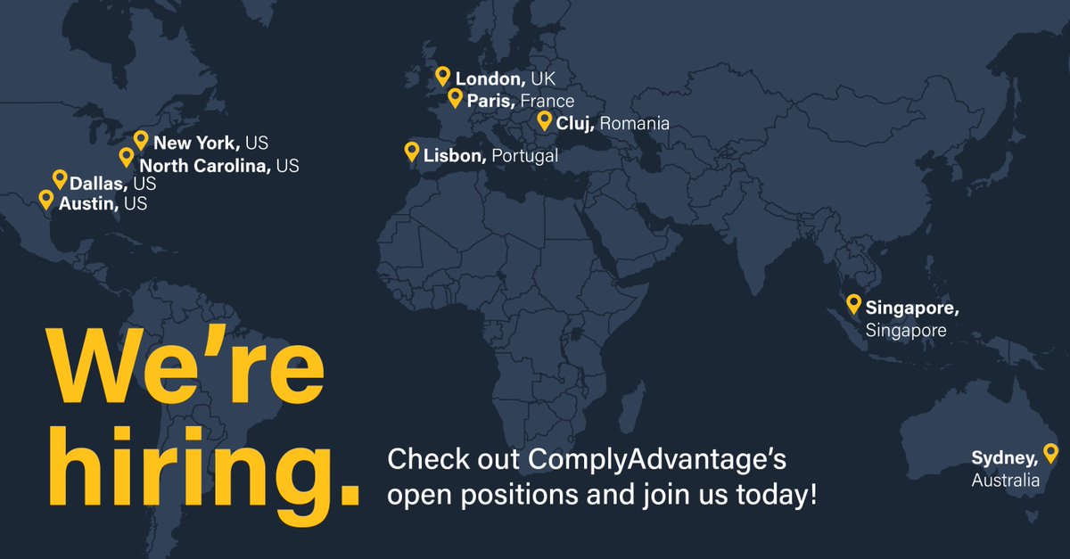 ComplyAdvantage (@complyadvantage) on Twitter photo We’re hiring across the globe, Account Managers in London and Paris, Talent Acquisition in New York and Lisbon, Solutions Consultants in Dallas, Sydney, Austin, and tech roles in Cluj.
👉 Explore our open roles here: okt.to/jkdlTF We’re hiring across the globe, Account Managers in London and Paris, Talent Acquisition in New York and Lisbon, Solutions Consultants in Dallas, Sydney, Austin, and tech roles in Cluj.
👉 Explore our open roles here: okt.to/jkdlTF