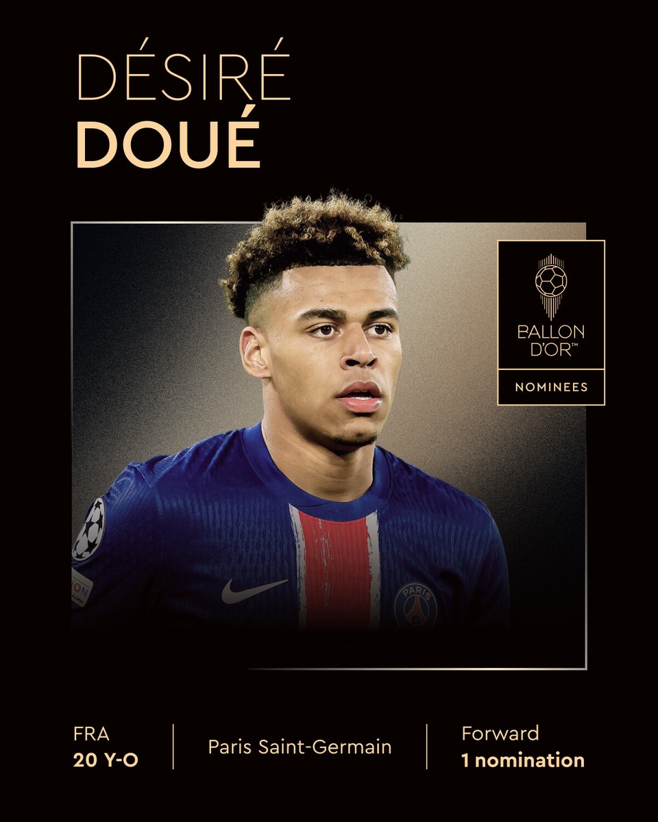 Ballon d'Or (@ballondor) on Twitter photo Nominated for the 2025 Ballon d’Or ⤵️
Désiré Doué
<a href="/PSG_inside/">Paris Saint-Germain</a>
<a href="/equipedefrance/">Equipe de France ⭐⭐</a>
#ballondor Nominated for the 2025 Ballon d’Or ⤵️
Désiré Doué
<a href="/PSG_inside/">Paris Saint-Germain</a>
<a href="/equipedefrance/">Equipe de France ⭐⭐</a>
#ballondor