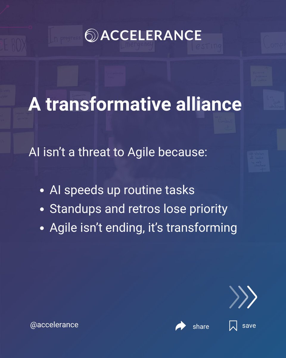 accelerance's tweet image. Is agile dead? No. AI helps agile. AI speeds up tasks. This makes teams faster. Agile is transforming. It is evolving. Find out more by reaching out to us! hubs.la/Q03B85fQ0
#AgileTransformation #AgileDevelopment #ArtificialIntelligence #ProjectManagement