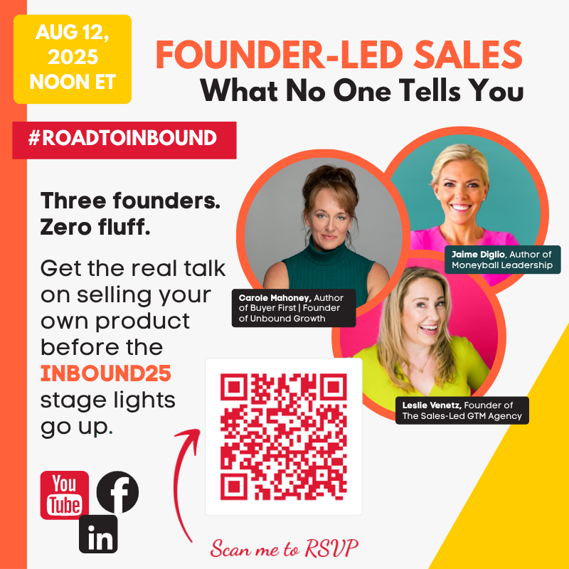 Got plans next Tuesday?

I’m going live with <a href="/jaimediglio/">Jaime Diglio</a> + @leslievenetz to talk about the messy, powerful truth of founder-led sales.

🗓 Aug 12 | 12PM ET
🎥 Road to #INBOUND25 sneak peek

Set your reminder 👉 bit.ly/47hLSLG
#RoadToINBOUND #StartupSales #FounderLife