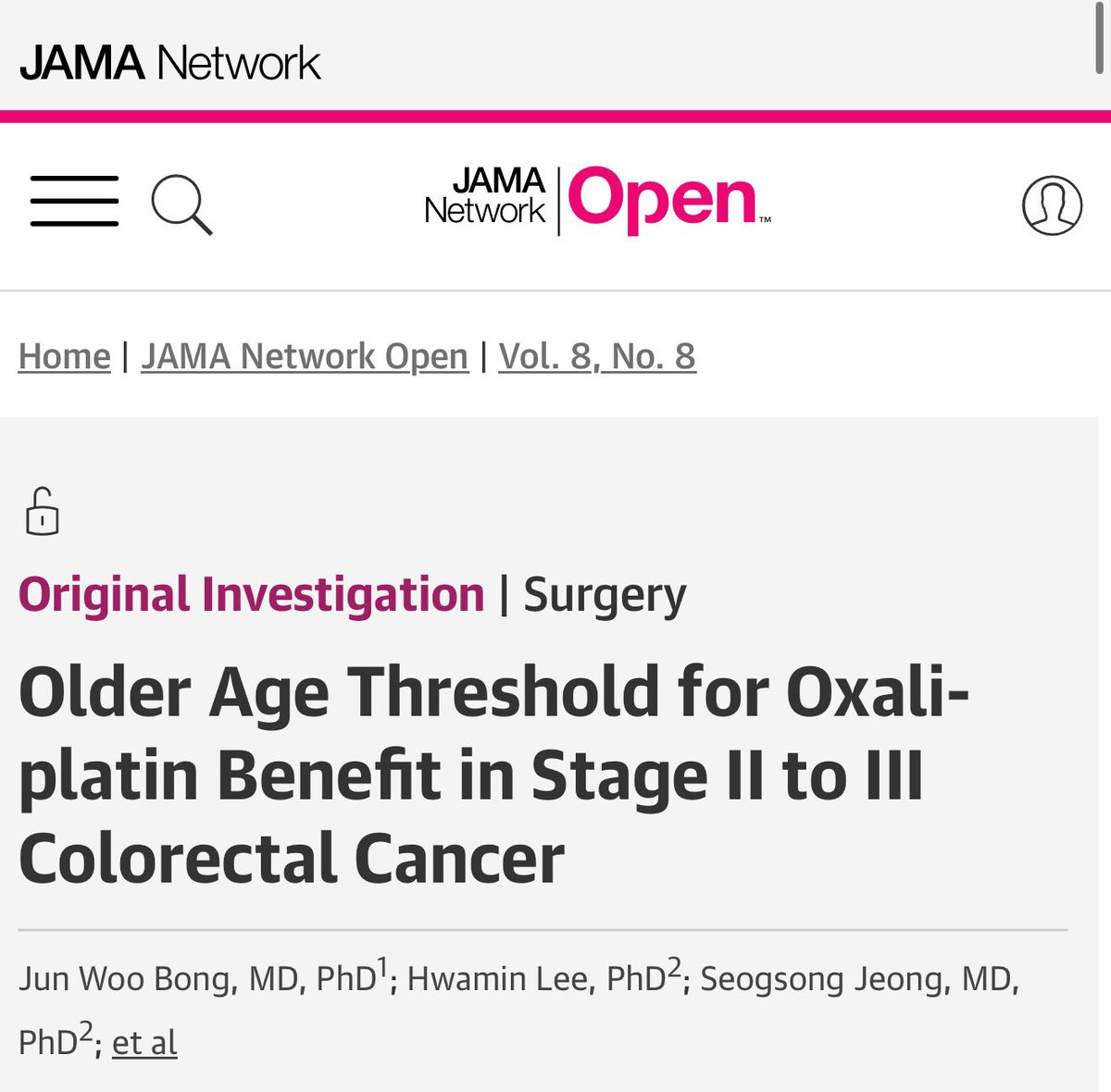 No OS benefit from oxaliplatin in stage II–III #CRC patients &gt;70 years!
In stage III CRC, only those ≤70 years had improved 5-year OS with oxaliplatin (85% vs 78.9%).
Elderly patients discontinued chemo more often (AOR=1.55) — linked to worse outcomes.
👉 In stage II: no