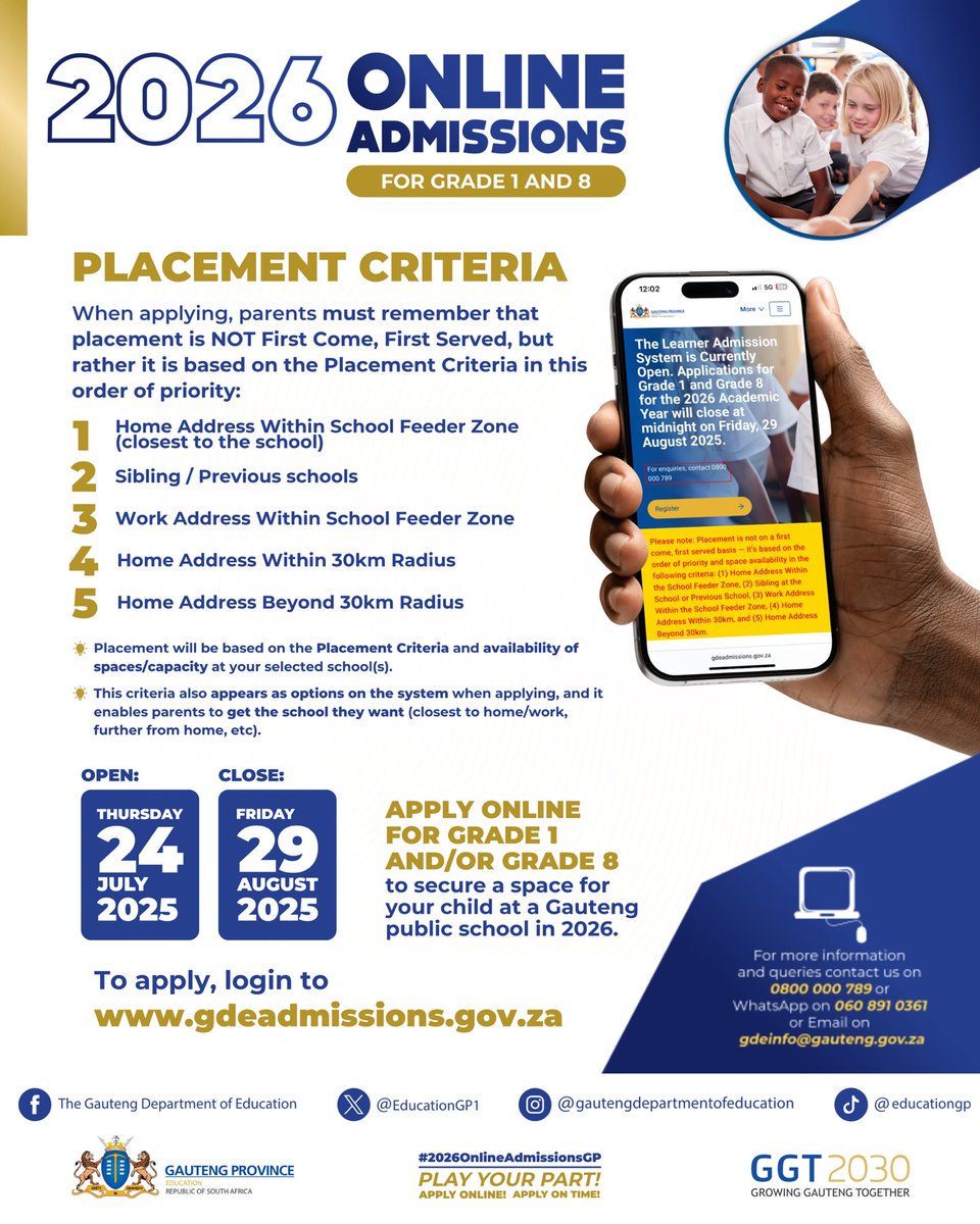 Gauteng Department of Education (@educationgp1) on Twitter photo ๐ก Remember, the #2026OnlineAdmissionsGP is not โ๐ง๐ช๐ณ๐ด๐ต ๐ค๐ฐ๐ฎ๐ฆ, ๐ง๐ช๐ณ๐ด๐ต ๐ด๐ฆ๐ณ๐ท๐ฆ๐ฅโ.
๐ Placement is based on the Placement Criteria and the availability of space at schools.
๐ฅ๏ธ๐ป๐ฑTo apply, visit: gdeadmissions.gov.za
๐๏ธ Applications close on: 29 August 2025 ๐ก Remember, the #2026OnlineAdmissionsGP is not โ๐ง๐ช๐ณ๐ด๐ต ๐ค๐ฐ๐ฎ๐ฆ, ๐ง๐ช๐ณ๐ด๐ต ๐ด๐ฆ๐ณ๐ท๐ฆ๐ฅโ.
๐ Placement is based on the Placement Criteria and the availability of space at schools.
๐ฅ๏ธ๐ป๐ฑTo apply, visit: gdeadmissions.gov.za
๐๏ธ Applications close on: 29 August 2025
