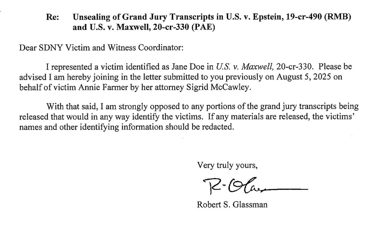 An attorney for "Jane," who testified that Jeffrey Epstein and Ghislaine Maxwell sexually abused her at age 14, writes to say that victims' identities should stay redacted if grand jury records are released.