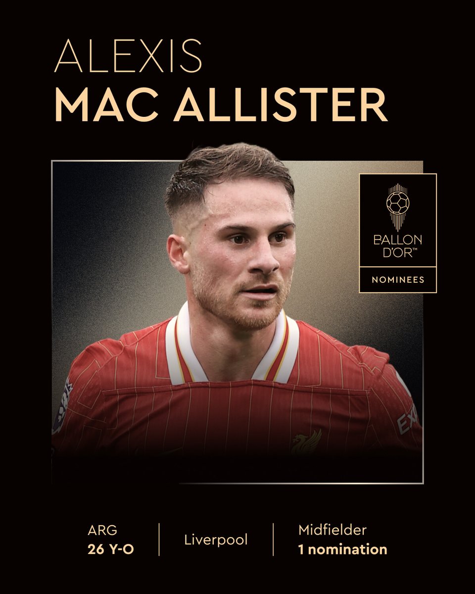Ballon d'Or (@ballondor) on Twitter photo Nominated for the 2025 Ballon dโOr โคต๏ธ
Alexis Mac Allister
<a href="/LFC/">Liverpool FC</a>
<a href="/Argentina/">๐ฆ๐ท Selecciรณn Argentina โญโญโญ</a>
#ballondor Nominated for the 2025 Ballon dโOr โคต๏ธ
Alexis Mac Allister
<a href="/LFC/">Liverpool FC</a>
<a href="/Argentina/">๐ฆ๐ท Selecciรณn Argentina โญโญโญ</a>
#ballondor