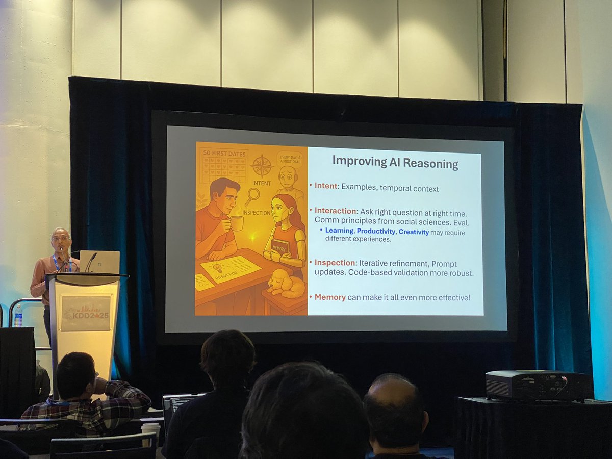 dirkvandenpoel's tweet image. Great talk by Sumit Gulwani (@SumitGulwani, Microsoft) on improving AI reasoning by using intent, interaction, inspection, and memory (see last picture) at #KDD2025 in Toronto, Canada. #AI #LLM #CodeGeneration