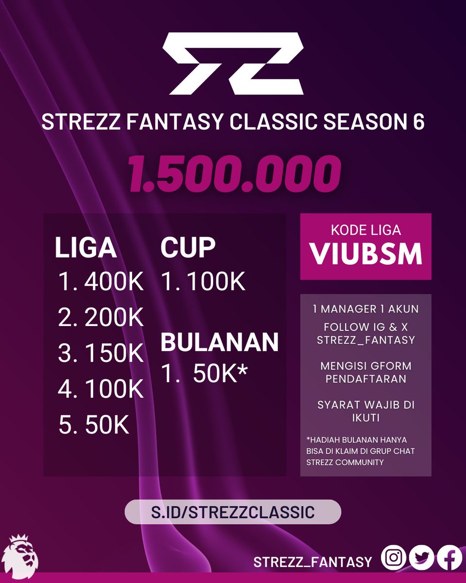STREZZ FANTASY (@strezz_fantasy) on Twitter photo STREZZ FANTASY CLASSIC - S6
#SF_Classic Hadir kembali di FPL musim 2025/26
SYARAT :
1 MANAGER 1 AKUN
WNI
FOLLOW AKUN IG&X
<a href="/Strezz_Fantasy/">STREZZ FANTASY</a>
MENGISI FORMULIR
*Boleh juga di Share/Repost
#StrezzFantasy
#FPL #FPLCommunity
#FPLIdonesia STREZZ FANTASY CLASSIC - S6
#SF_Classic Hadir kembali di FPL musim 2025/26
SYARAT :
1 MANAGER 1 AKUN
WNI
FOLLOW AKUN IG&X
<a href="/Strezz_Fantasy/">STREZZ FANTASY</a>
MENGISI FORMULIR
*Boleh juga di Share/Repost
#StrezzFantasy
#FPL #FPLCommunity
#FPLIdonesia