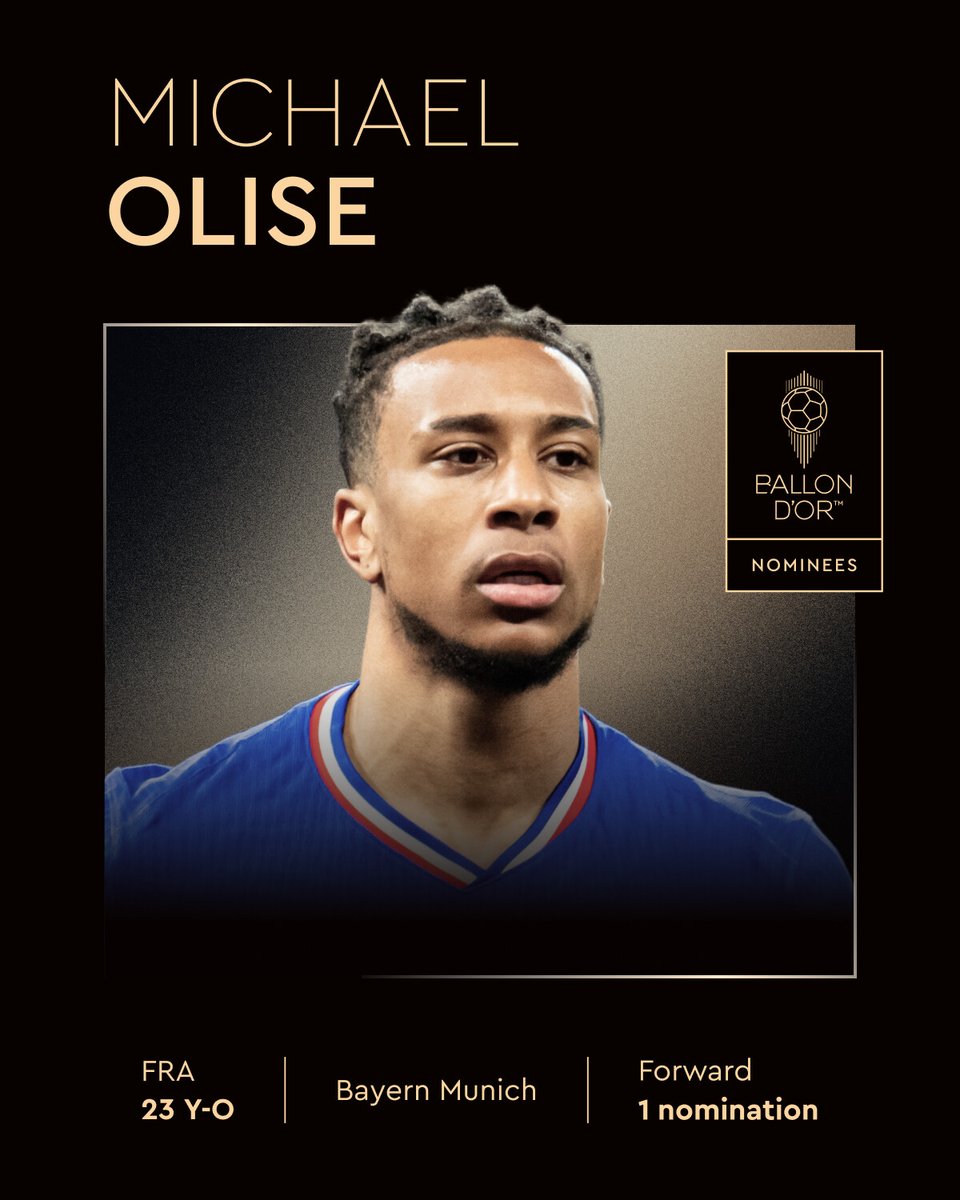 Ballon d'Or (@ballondor) on Twitter photo Nominated for the 2025 Ballon d’Or ⤵️
Michael Olise
<a href="/FCBayern/">FC Bayern München</a>
<a href="/equipedefrance/">Equipe de France ⭐⭐</a>
#ballondor Nominated for the 2025 Ballon d’Or ⤵️
Michael Olise
<a href="/FCBayern/">FC Bayern München</a>
<a href="/equipedefrance/">Equipe de France ⭐⭐</a>
#ballondor