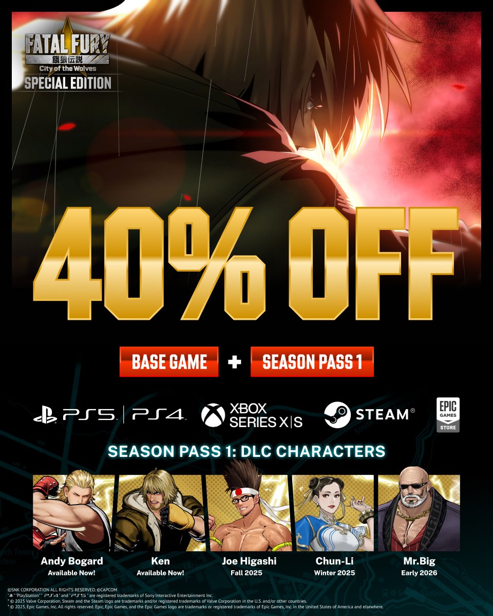 Bring the heat in FATAL FURY: City of the Wolves! 

Get the Special Edition, which includes Ken from Street Fighter, for 40% off 🔥

Sale ends August 13: snk-corp.co.jp/sale/fatalfury…
