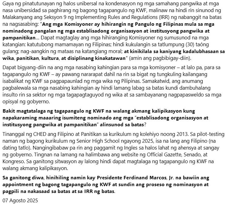 BASAHIN: Inalmahan ng DLSU Departamento ng Filipino sa kanilang pahayag ang pagtalaga ni Pangulong Ferdinand Marcos Jr. kay Atty. Marites Barrios-Taran bilang bagong tagapangulo ng Komisyon sa Wikang Filipino (KWF), Agosto 7. 

| mula DLSU Departamento ng Filipino