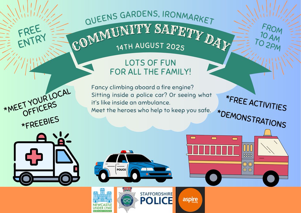Police Community Safety Day – Thursday 14 August

Join us at Queens Gardens, Castle House, Newcastle-under-Lyme from 10am to 2pm for a free, family-friendly event!

Meet your local officers
See a fire engine up close
Watch live police demos
Chat with partner agencies