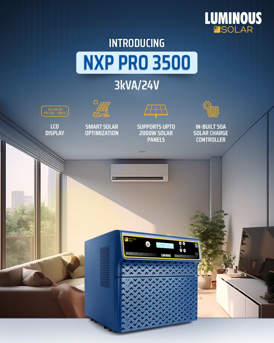 myluminous's tweet image. Introducing NXP PRO 3500 - built for homes that run on solar. 
Designed to deliver peak performance for your everyday devices. Comes with 3kVA capacity, 2000W panel support, and in-built 50A solar charge controller.

#LuminousSolar #NXPPro3500