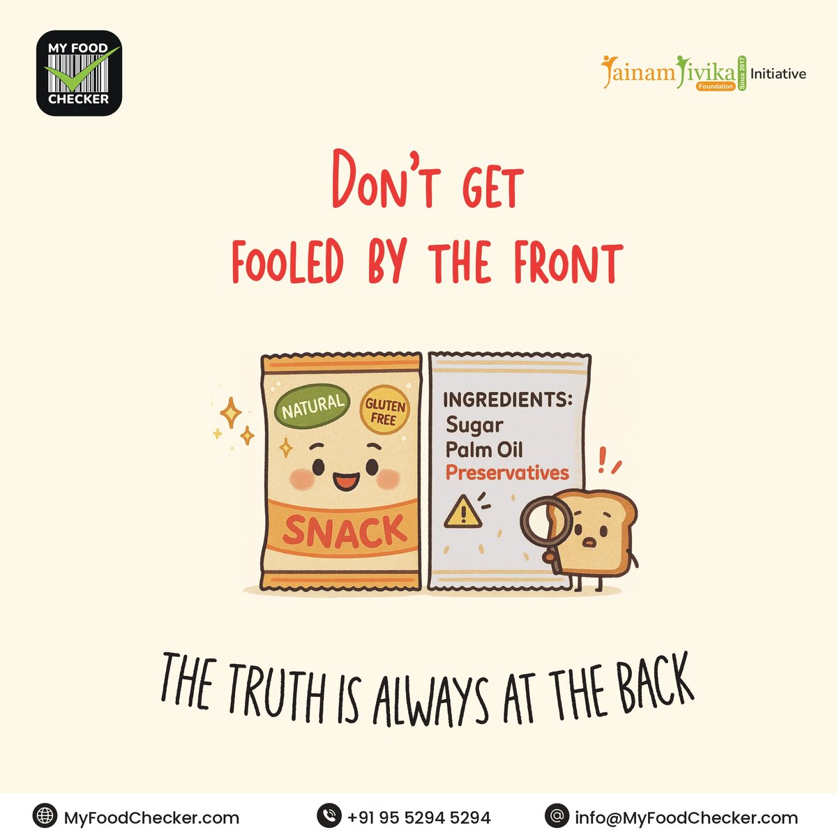 MyFoodChecker's tweet image. Before you buy it, read it. 🛒👀  
Your body deserves honesty, not just pretty packaging. 🌿📦  
A small label check = a big win! 💡✅  

#MyFoodChecker #LabelSmart #JJFINDIA #FoodFacts