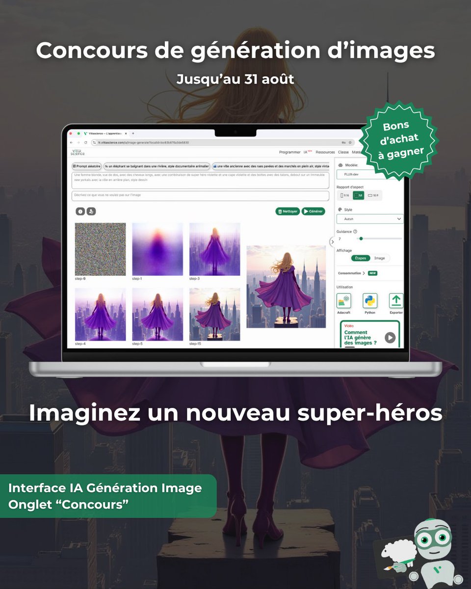 Ce mois-ci, libérez votre imagination avec notre concours de génération d’images ! ✨

Le thème est le suivant : Imaginez un nouveau super-héros 🦸‍♂️

🗓️ Vous avez jusqu’au 31 août 2025 pour concourir !

Comment participer ?

1️⃣ Créez un compte sur notre plateforme (les créations