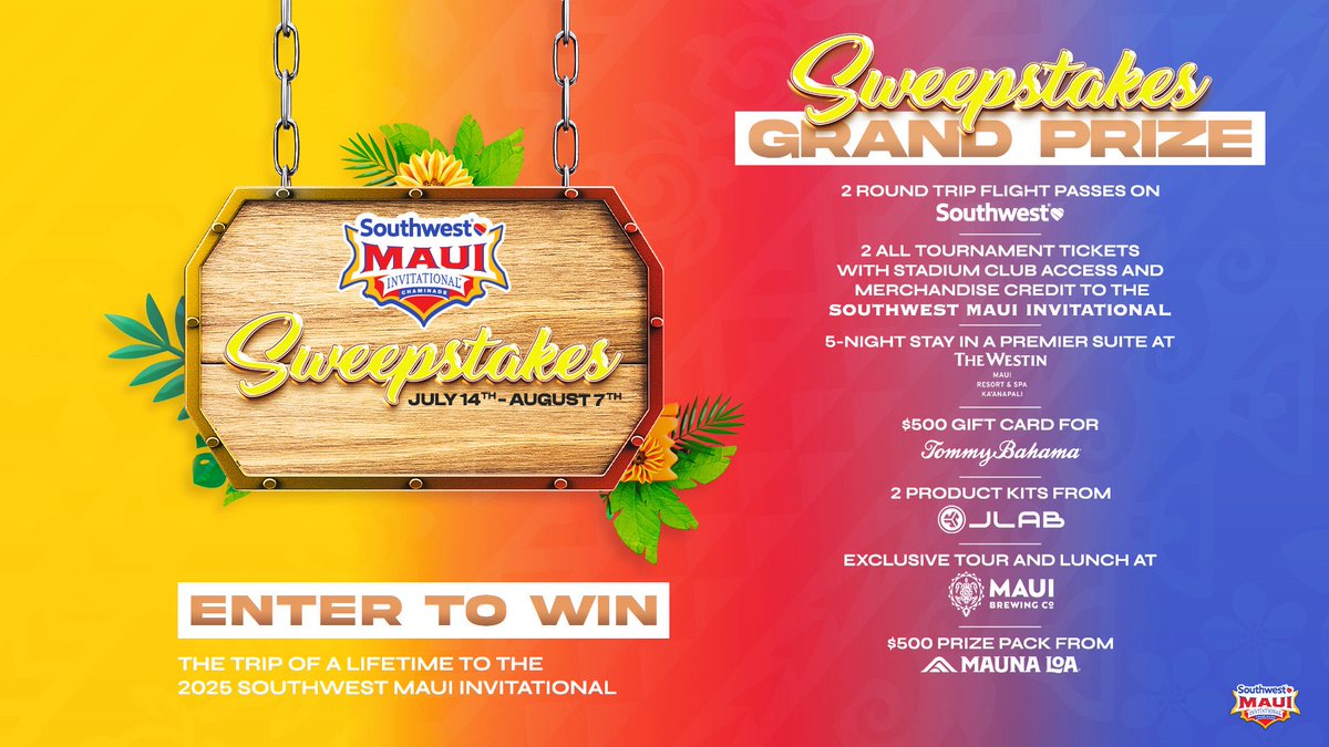 Southwest Maui Invitational (@mauiinv) on Twitter photo Last day, best day! ✈️🏀🏝️🌺 Today marks the final day to enter our 2025 <a href="/SouthwestAir/">Southwest Airlines</a> Maui Invitational Fan Sweepstakes!
Be sure to submit your entry by 11:59 p.m. ET tonight (Aug. 7) for your shot at sun, surf and hoops this November. ☀️🏄🏀
🔗 mauiinvitational.com/sweepstakes Last day, best day! ✈️🏀🏝️🌺 Today marks the final day to enter our 2025 <a href="/SouthwestAir/">Southwest Airlines</a> Maui Invitational Fan Sweepstakes!
Be sure to submit your entry by 11:59 p.m. ET tonight (Aug. 7) for your shot at sun, surf and hoops this November. ☀️🏄🏀
🔗 mauiinvitational.com/sweepstakes