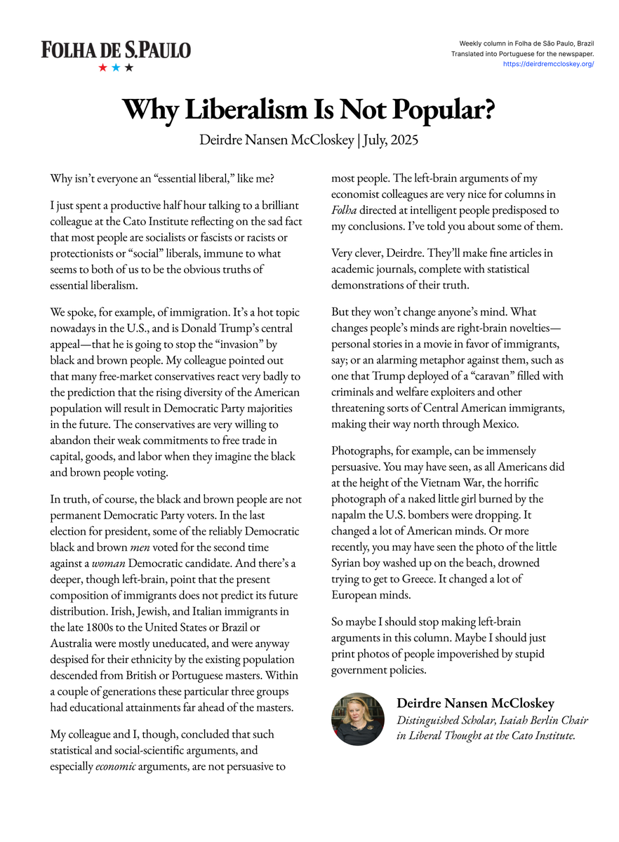 I just spent a productive half hour talking to a brilliant colleague reflecting on the sad fact that most people are socialists or fascists or racists or protectionists or “social” liberals, immune to what seems to both of us to be the obvious truths of essential liberalism.

My