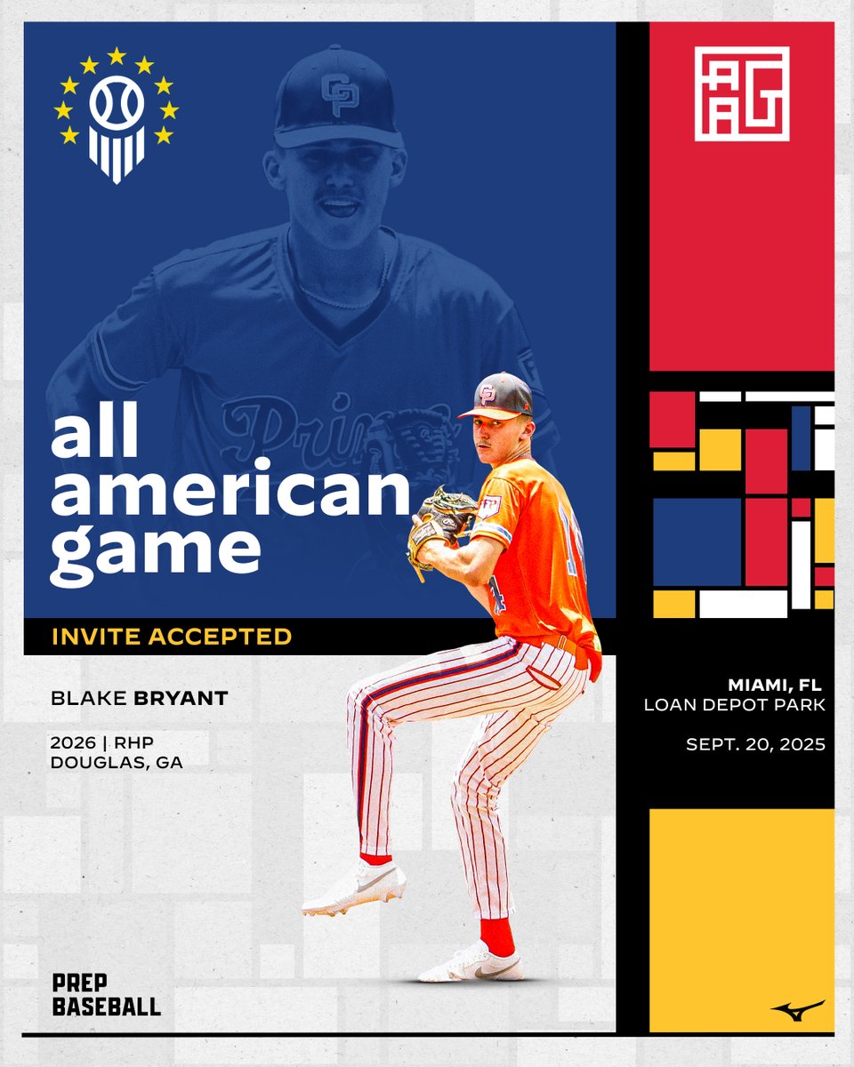 𝐃𝐨𝐮𝐠𝐥𝐚𝐬, 𝐆𝐀 ➡️ 𝐌𝐢𝐚𝐦𝐢, 𝐅𝐋 🏖️

The #8 ranked player in Georgia and #2 ranked RHP, <a href="/blake_bryant07/">Blake Bryant</a> is #𝙇𝙤𝙘𝙠𝙚𝙙𝙄𝙣 for the 2025 Prep Baseball All-American Game ✅

Big time showing at #NPI25 this summer 👍

<a href="/PrepBaseballGA/">Prep Baseball Georgia</a> | <a href="/MizunoSportsUSA/">Mizuno Team Sports USA</a> | <a href="/ShooterHunt/">Shooter Hunt</a>