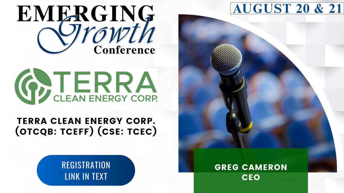 Emerging Growth Conference (@emerginggrowthc) on Twitter photo $TCEFF $TCEC Live Emerging Growth Conference 85 - August 20 & 21
<a href="/TisdaleCorp/">Tisdale Clean Energy</a>
Register:
goto.webcasts.com/starthere.jsp?…
Questions for the Company? Questions@EmergingGrowth.com
To Present:
305-330-1985
Conference@EmergingGrowth.com $TCEFF $TCEC Live Emerging Growth Conference 85 - August 20 & 21
<a href="/TisdaleCorp/">Tisdale Clean Energy</a>
Register:
goto.webcasts.com/starthere.jsp?…
Questions for the Company? Questions@EmergingGrowth.com
To Present:
305-330-1985
Conference@EmergingGrowth.com