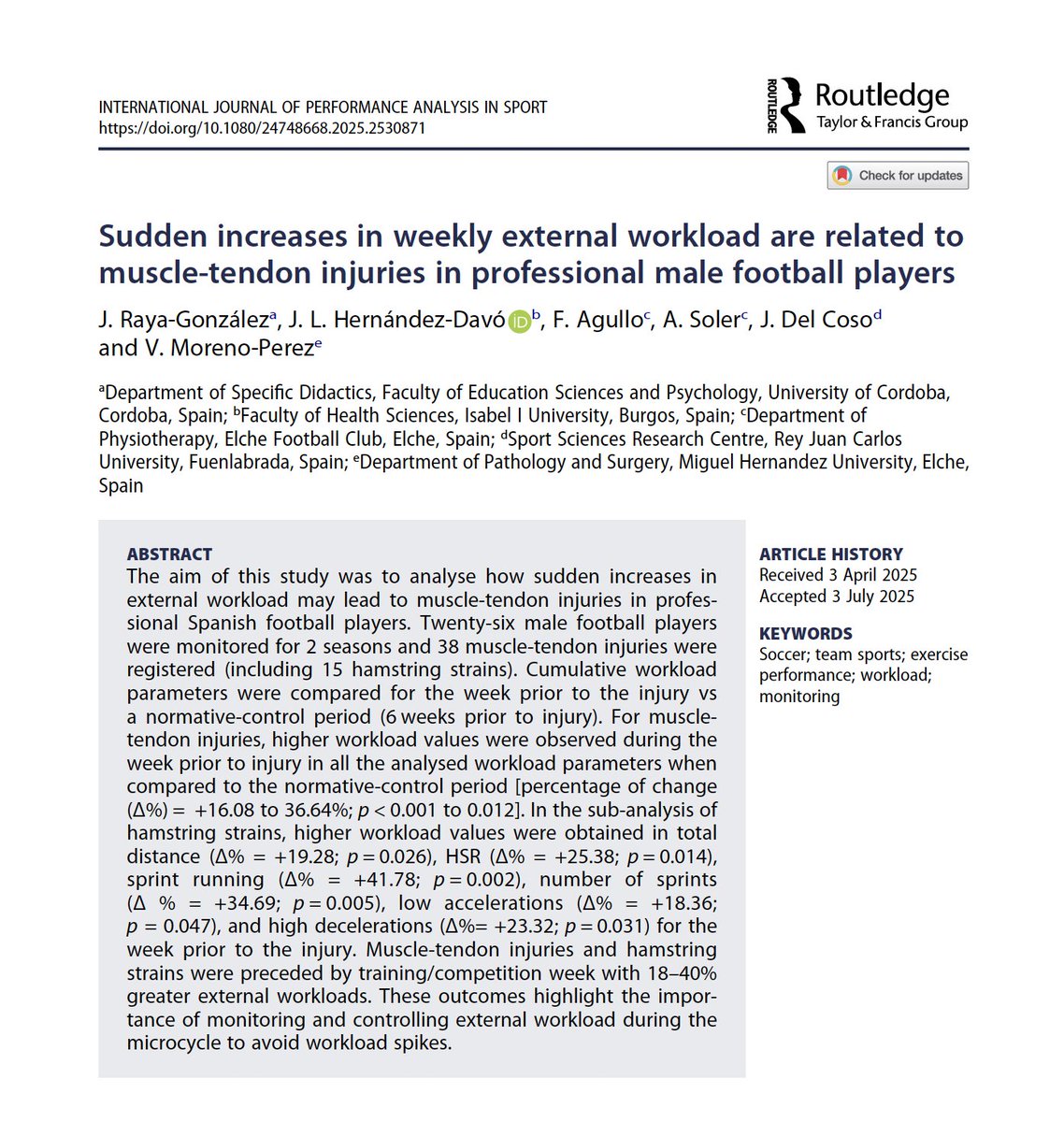 🆕"These findings suggest that a week with a sudden ⬆️ in workload, including HSR-SR (&gt;21 km/h) &amp; ACC/DEC, may be a potential trigger for the development of muscle-tendon &amp; hamstring strains in elite ⚽️ players from LaLiga 🇪🇸"
👉<a href="/javiraya7/">Javier Raya-González</a> et al, 2025 🇪🇸
📂tandfonline.com/doi/full/10.10…