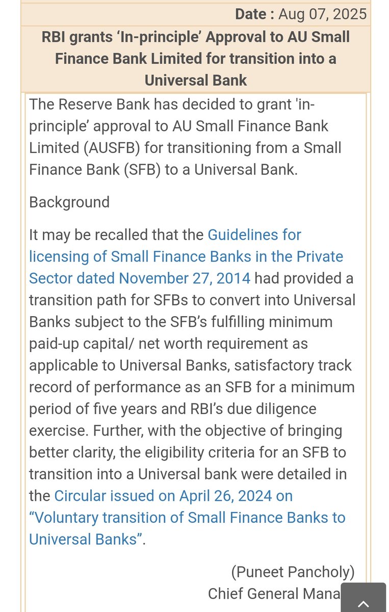 Watch for AU SFB ! Big positive.

AU SMALL FINANCE BANK GETS IN-PRINCIPLE RBI NOD TO BECOME UNIVERSAL BANK