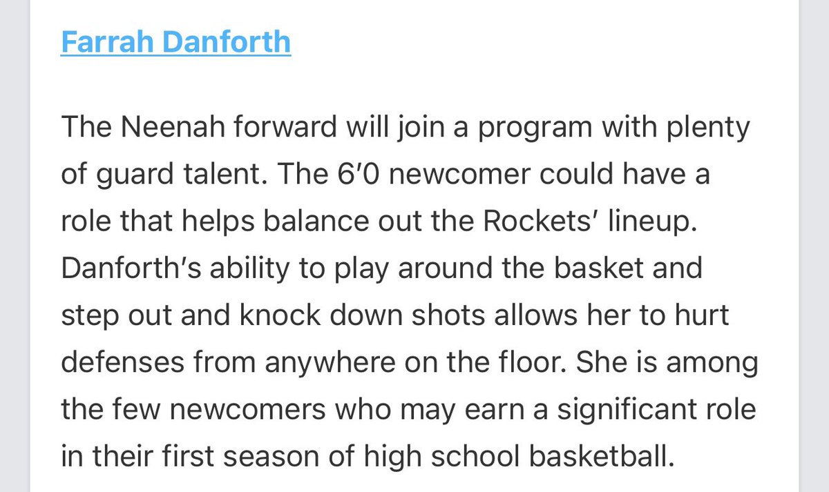 Farrah Danforth (@farrahdanforth) on Twitter photo Thank you @prepgirlshoops for the write up!
Looking forward to my 🚀 season coming up! 🔥 👊
<a href="/NeenahHoops/">Neenah Girls Hoops</a> <a href="/WiFlightElite/">Team PRIME Nation GEYBL</a> <a href="/Coach_Pat2292/">Reginald Patterson</a> Thank you @prepgirlshoops for the write up!
Looking forward to my 🚀 season coming up! 🔥 👊
<a href="/NeenahHoops/">Neenah Girls Hoops</a> <a href="/WiFlightElite/">Team PRIME Nation GEYBL</a> <a href="/Coach_Pat2292/">Reginald Patterson</a>