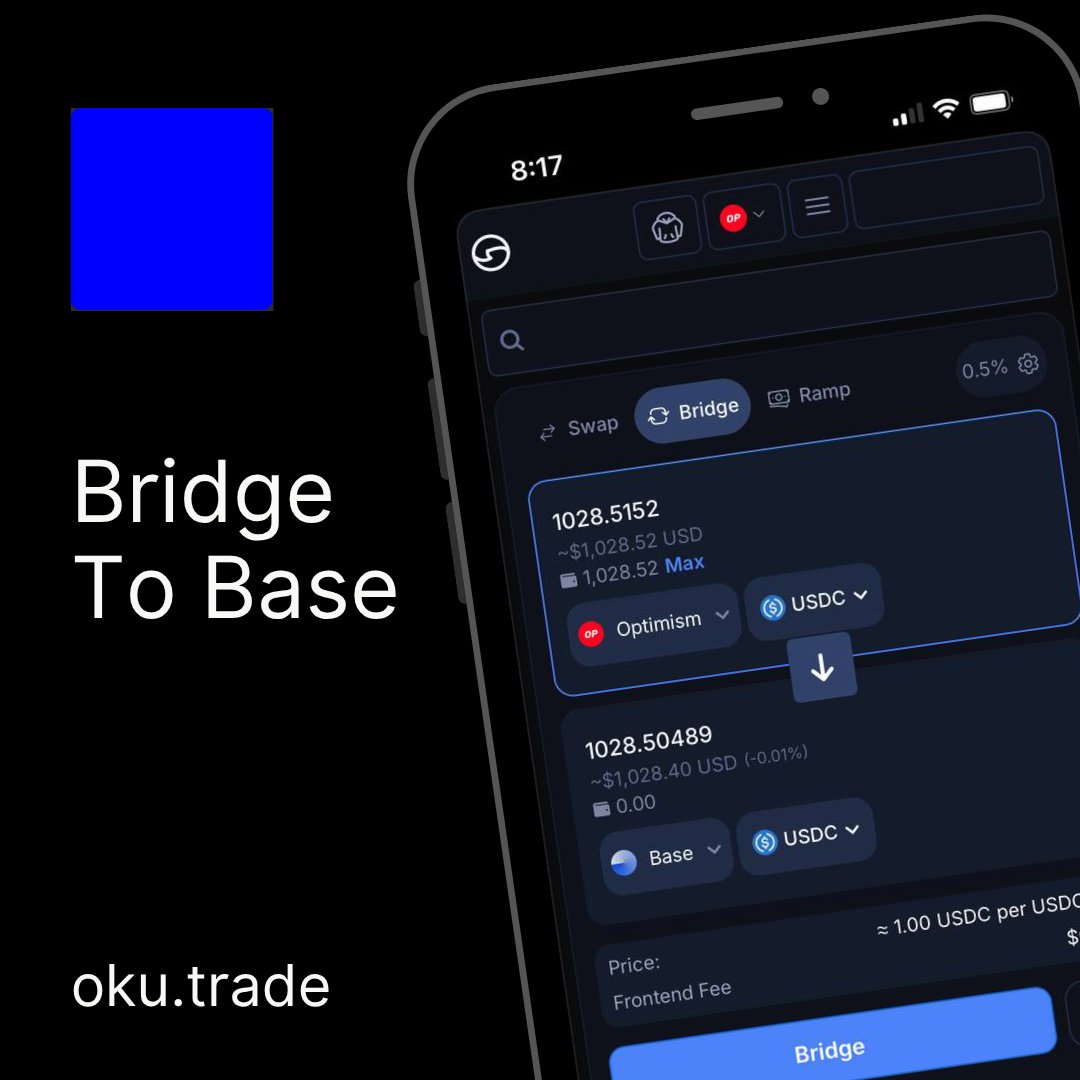 Base SZN is heating up 🟦 

Bridge from <a href="/Optimism/">Optimism</a> or any other chain to <a href="/base/">Base</a> in seconds with Oku.

With support for 11 bridges, you're guaranteed to get the best route every time.