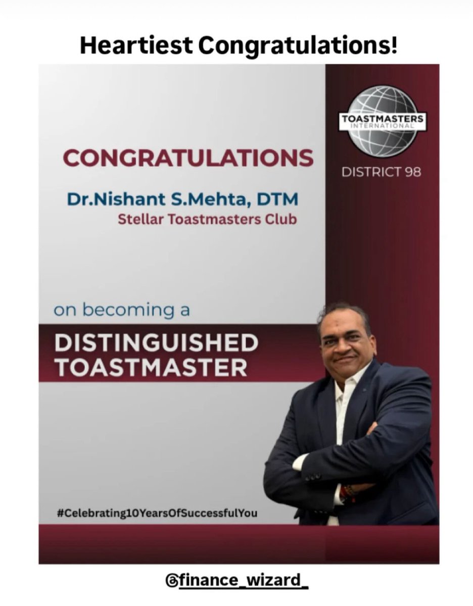 Nishant Mehta (@nishantt_mehta) on Twitter photo 🎖 Officially a 4X DTM!
Each DTM was more than a title — it was a transformation.
Grateful for the mentors, mentees & milestones along the way.
#DTM #Toastmasters #Leadership #FinanceWizard #District98 #NishantSMehta <a href="/Toastmasters/">Toastmasters</a> 🎖 Officially a 4X DTM!
Each DTM was more than a title — it was a transformation.
Grateful for the mentors, mentees & milestones along the way.
#DTM #Toastmasters #Leadership #FinanceWizard #District98 #NishantSMehta <a href="/Toastmasters/">Toastmasters</a>