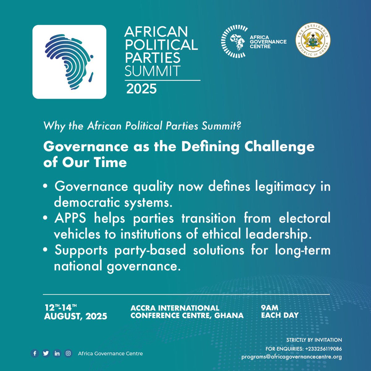 RICHisPOSSIBLE (@ebeng405) on Twitter photo ⏳ 5 Days to Go!
The countdown to #APPS2025 is heating up 🔥
An exclusive gathering of Africa’s brightest minds in policy & governance.
📌 Strictly by invitation
📞 +233 256 119 086 | 📧 programs@africagovernancecentre.org
@africagovcentre ⏳ 5 Days to Go!
The countdown to #APPS2025 is heating up 🔥
An exclusive gathering of Africa’s brightest minds in policy & governance.
📌 Strictly by invitation
📞 +233 256 119 086 | 📧 programs@africagovernancecentre.org
@africagovcentre
